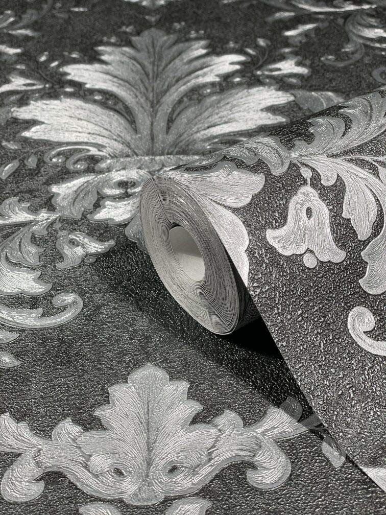 Vliestapete Ornament Struktur Modern, Opulent, Barock in Schwarz