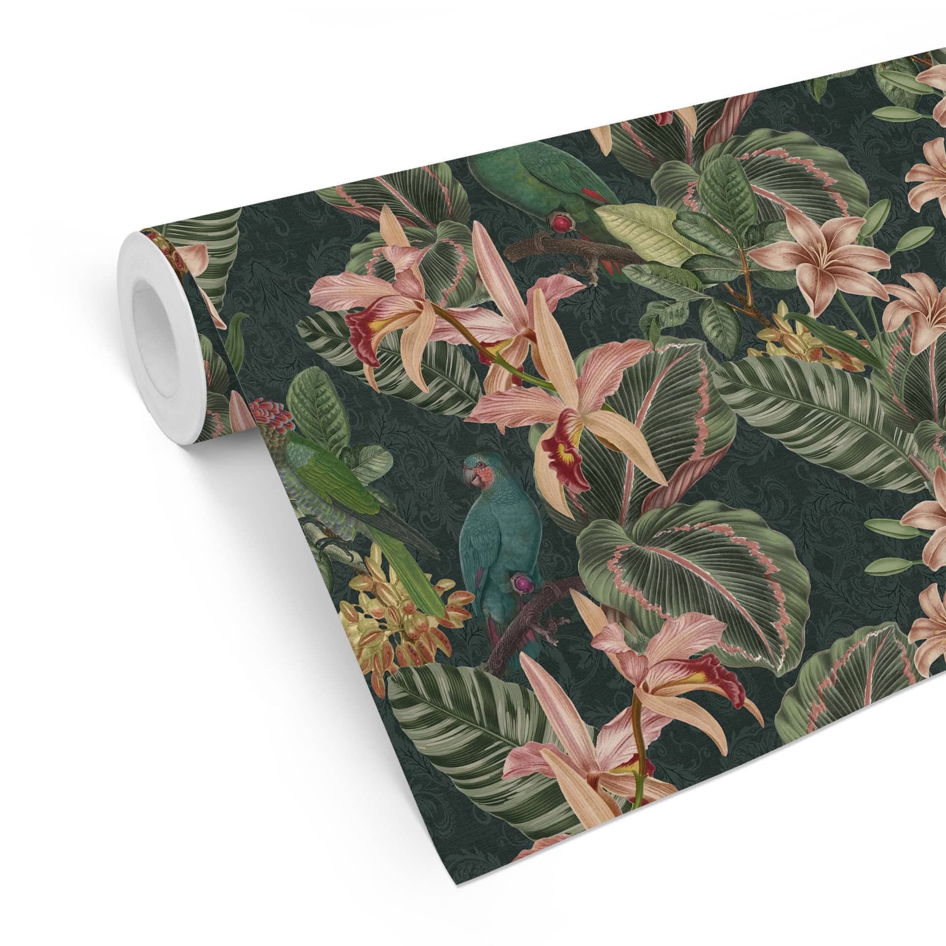 Patroonbehang met papegaaien nachtgroen - Bloomery Decor