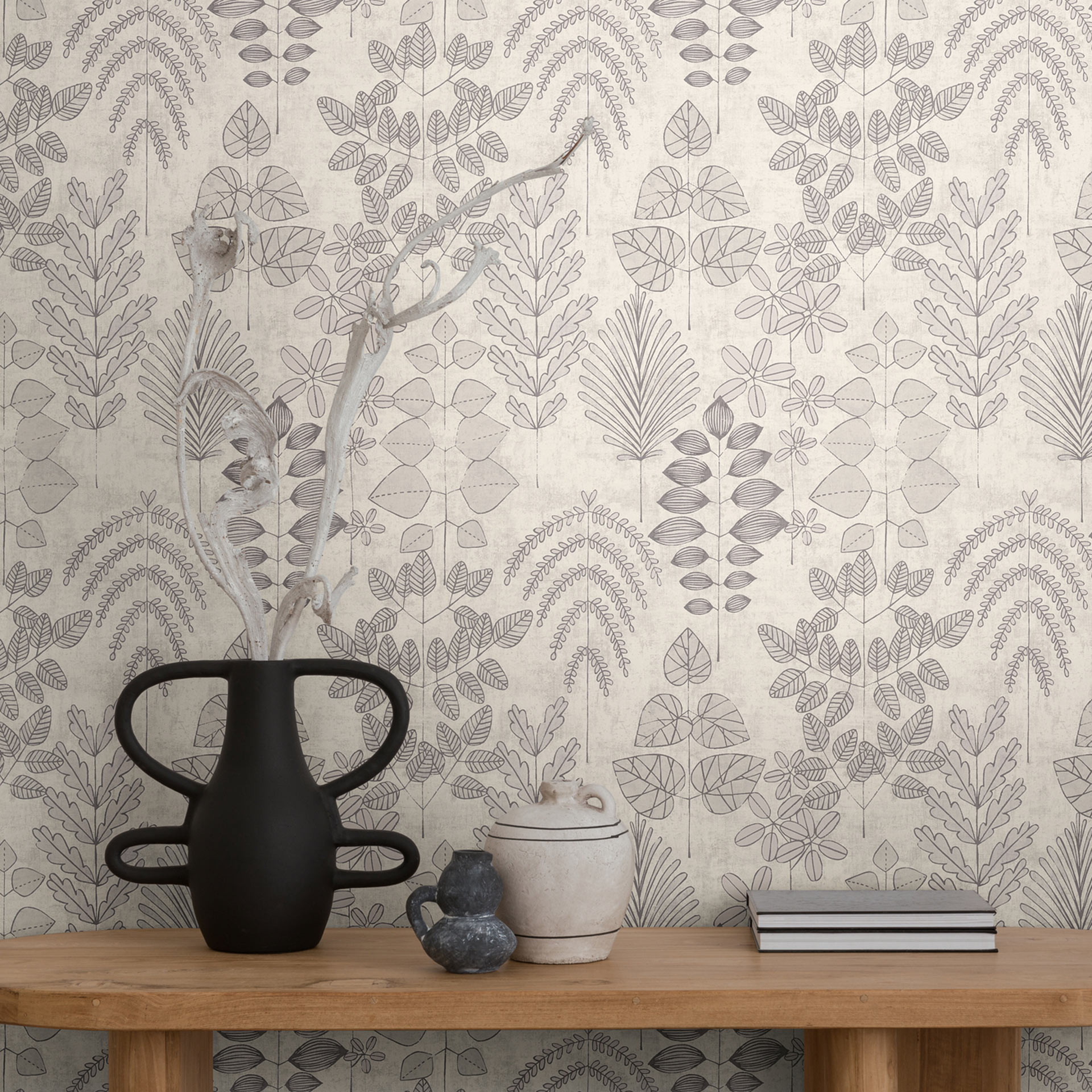 Vliesbehang bloem - fijn streeppatroon in grijs & taupe