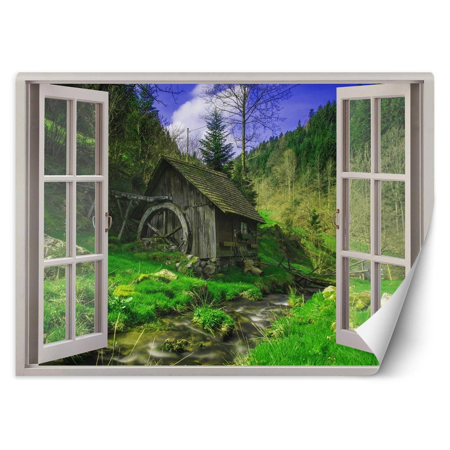 Fototapete Fenster - Blick auf eine Hütte im Wald