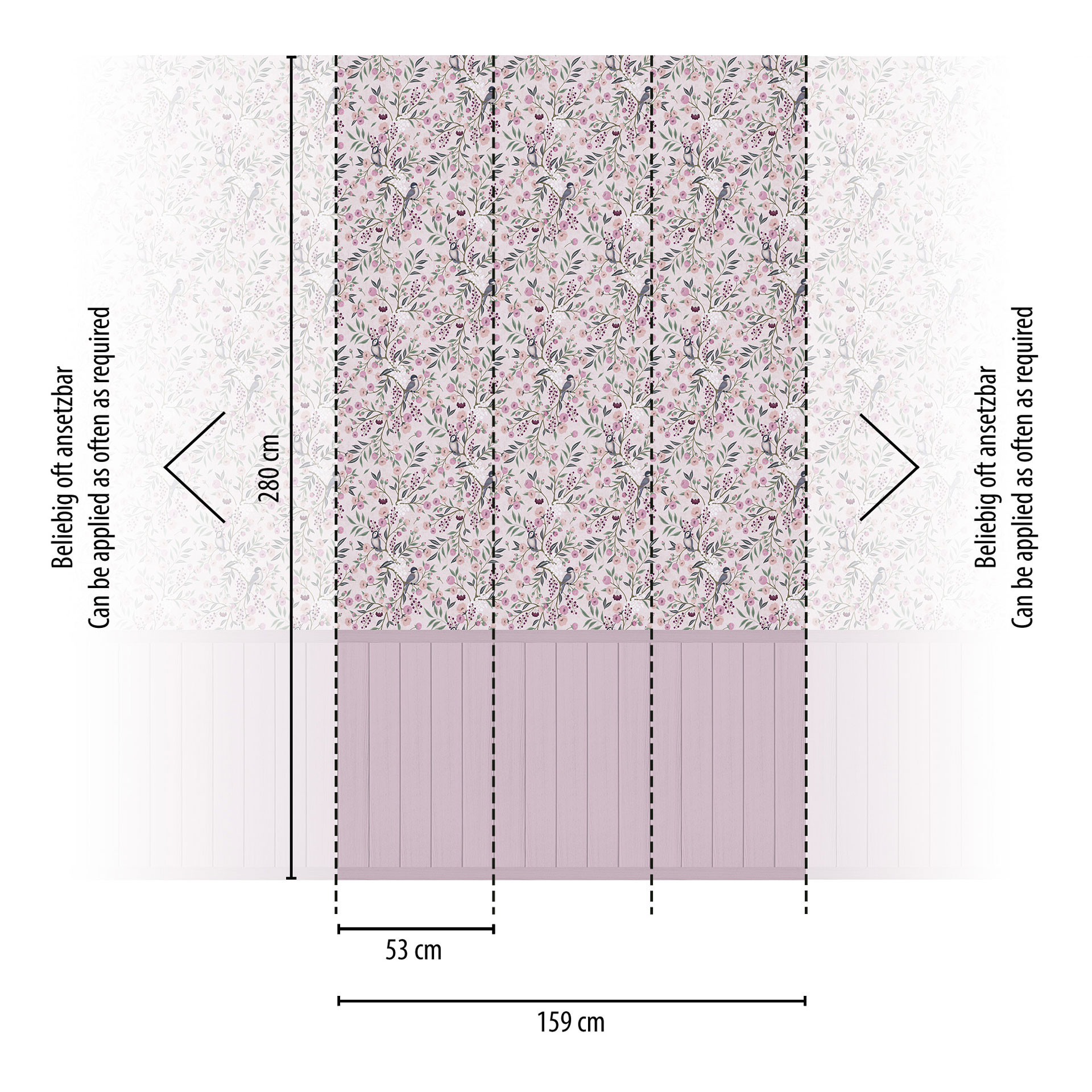 Vogels & Takken Roze - bloemenmonster met houten paneel - uittrekbaar Vliesbehang