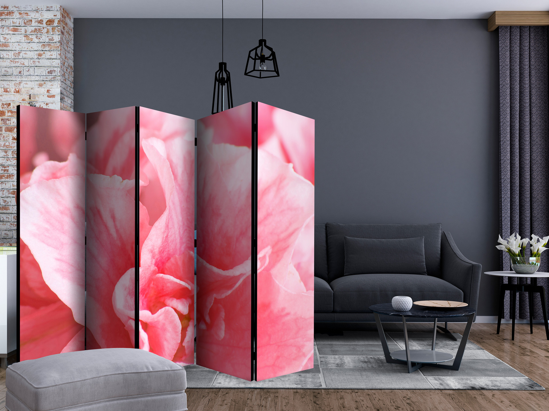 Rumdeler - Lyserøde azalea-blomster , 5-delt - 225x172 cm