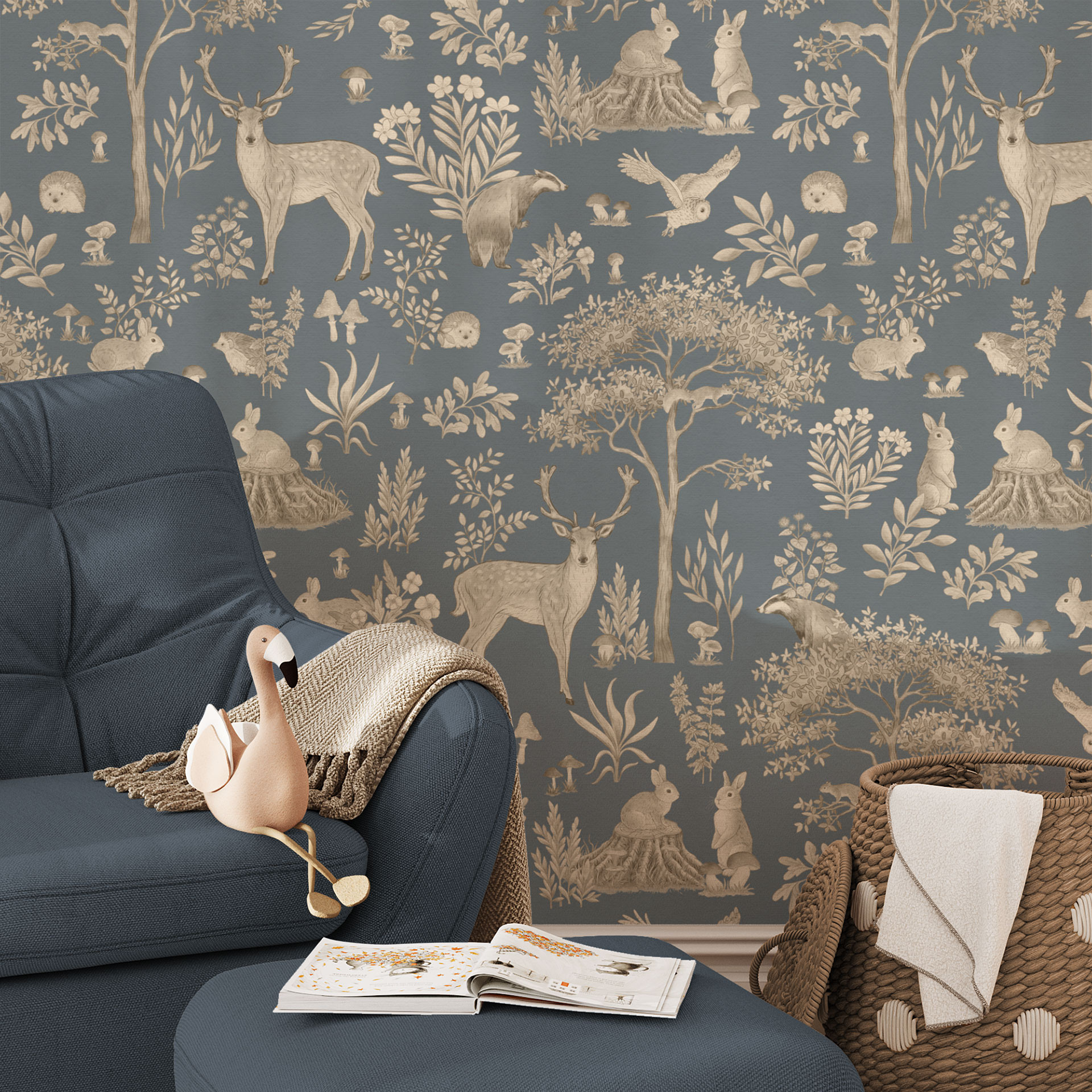 Patroonbehang betoverend bos met dieren - vintage blauw - Kikki Belle
