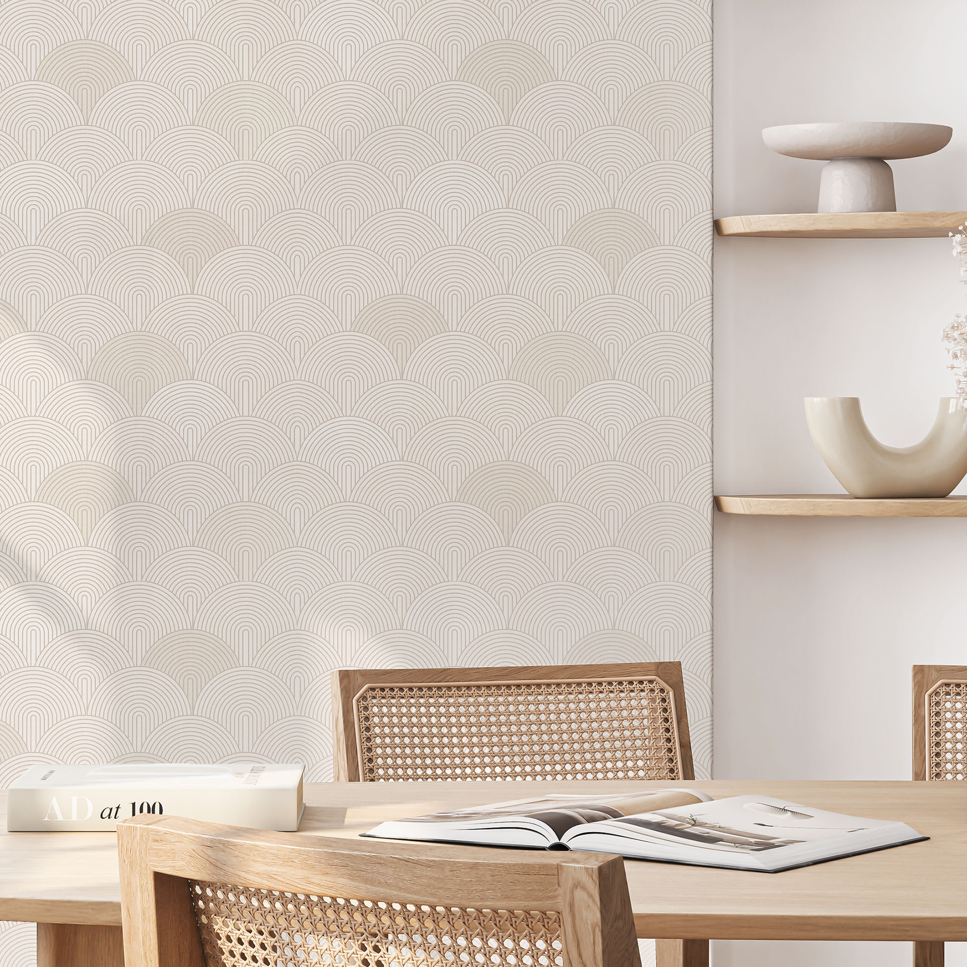 Geometrisch Patroonbehang - abstracte halve cirkels in zacht beige - Bloomery Decor
