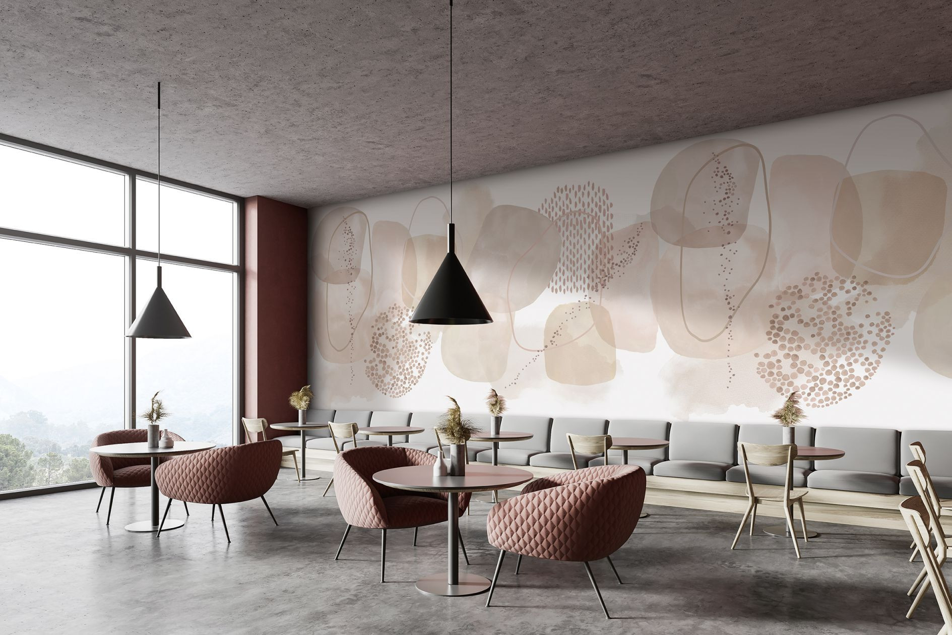 Papier peint photo Formes abstraites beige avec points et lignes Soft-Modern 2,7 x 2,12 m