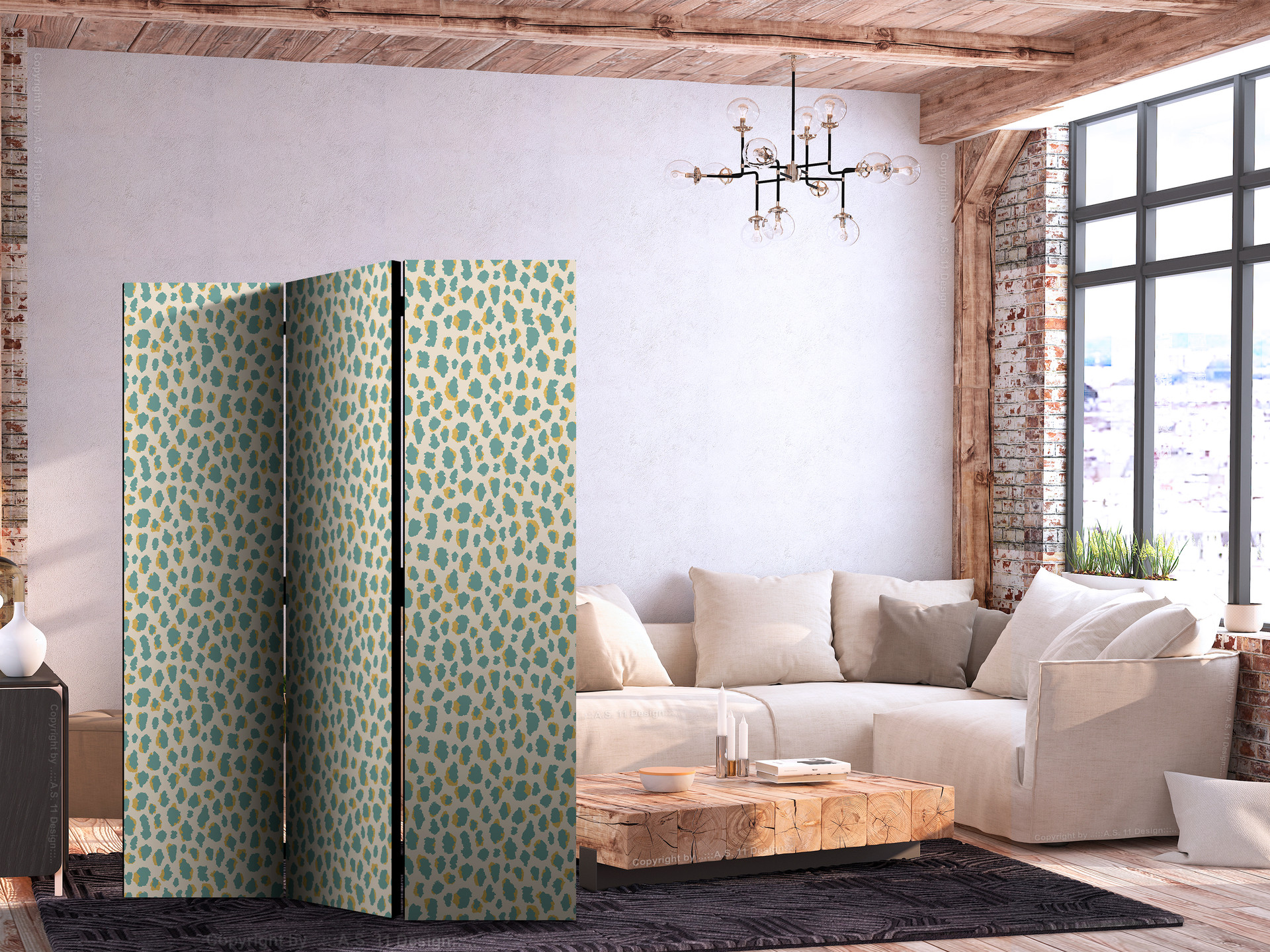 Paravent, Raumteiler freistehend, Trennwand - Giraffe Pattern in Turquoise Spots on a Light Backgrou
