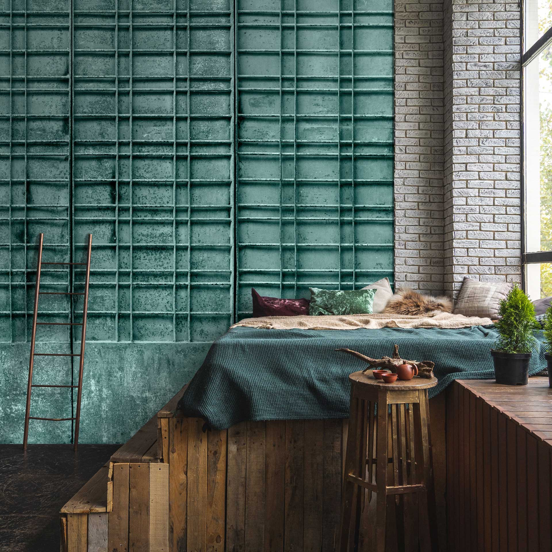 Industriële Look Behang Muurschildering - Verweerd Rooster in Patina Groen