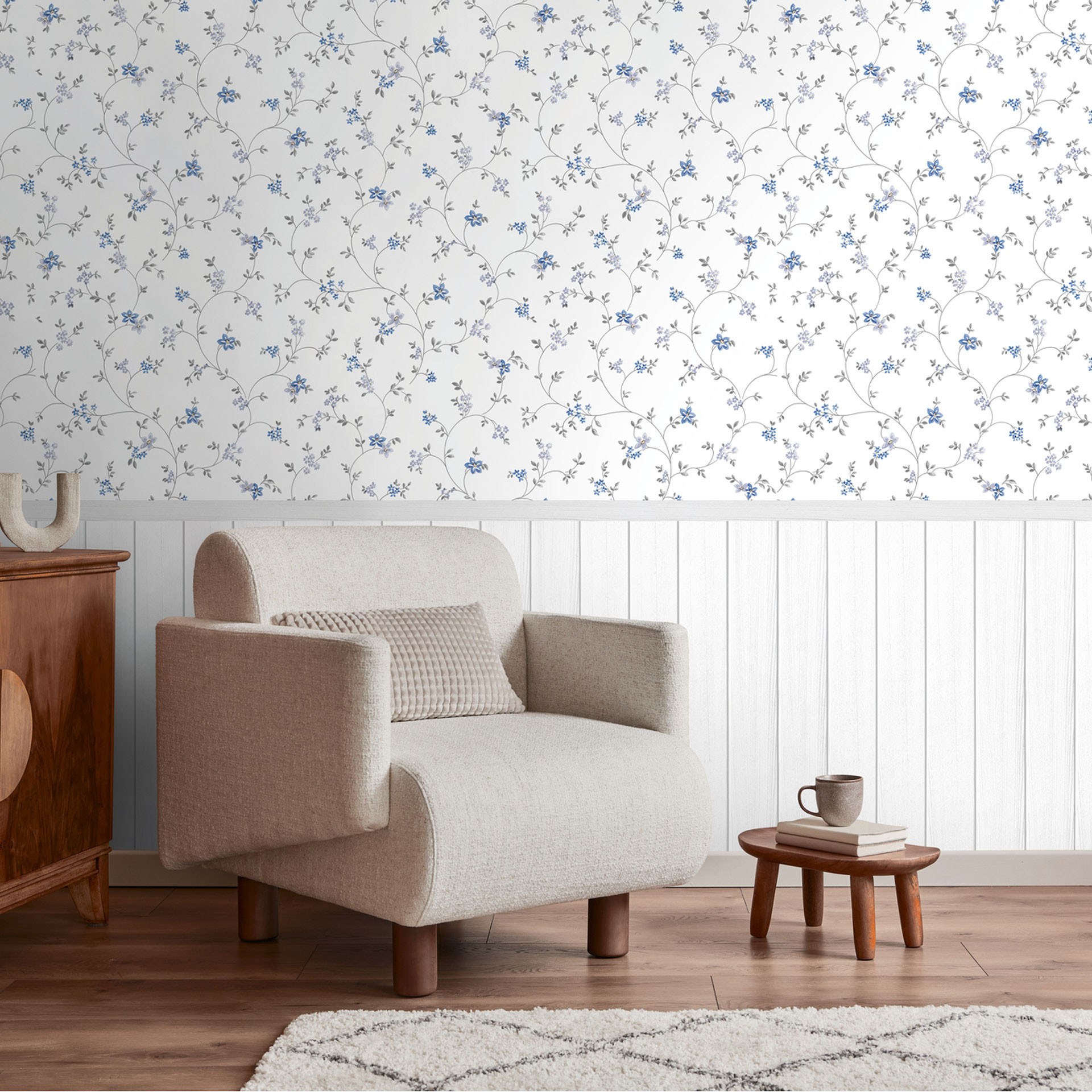 Bloemen Fotobehang met houten paneel blauw wit - Romantisch & uitbreidbaar