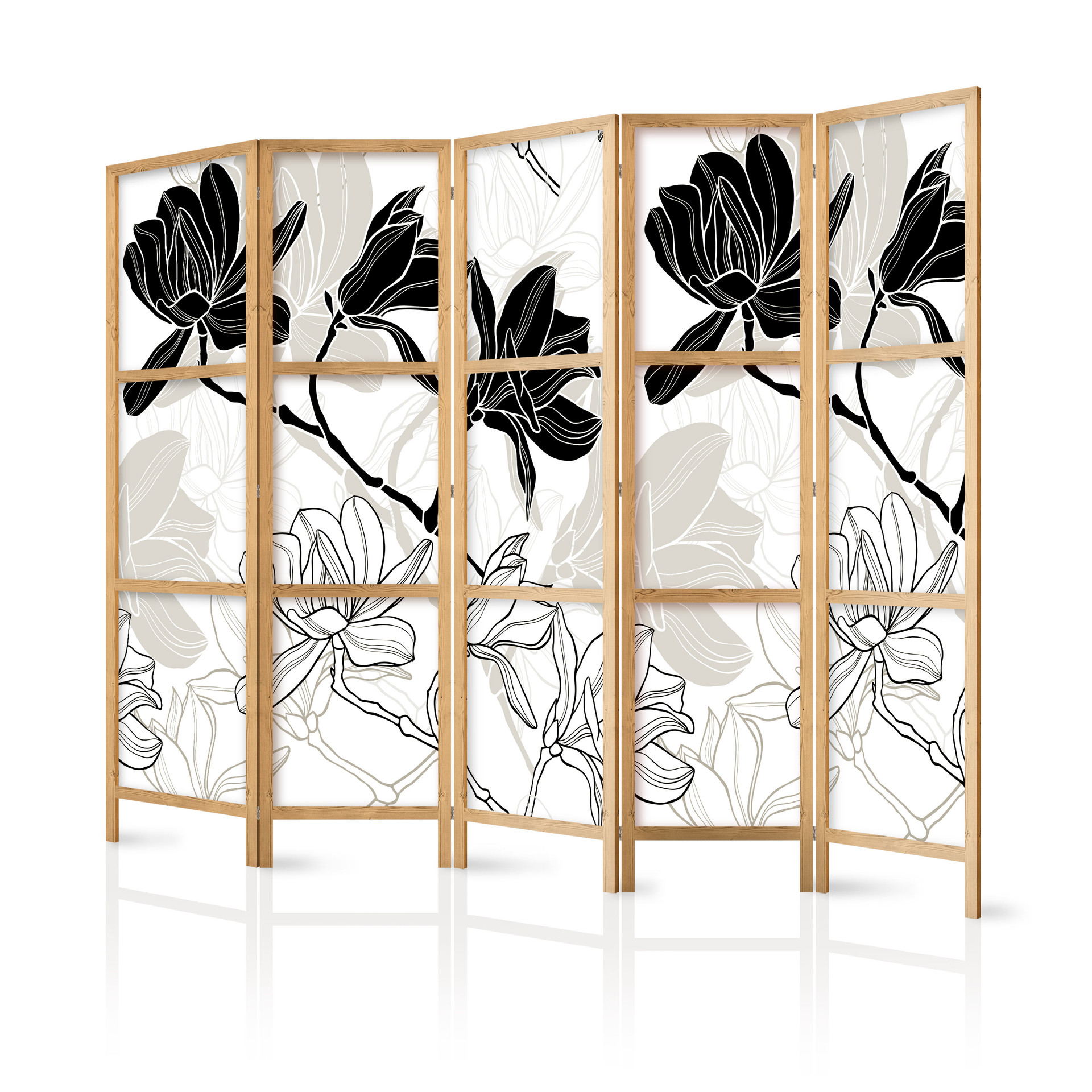 Parete divisoria giapponese - Fiori bianchi e neri, 3 pezzi
