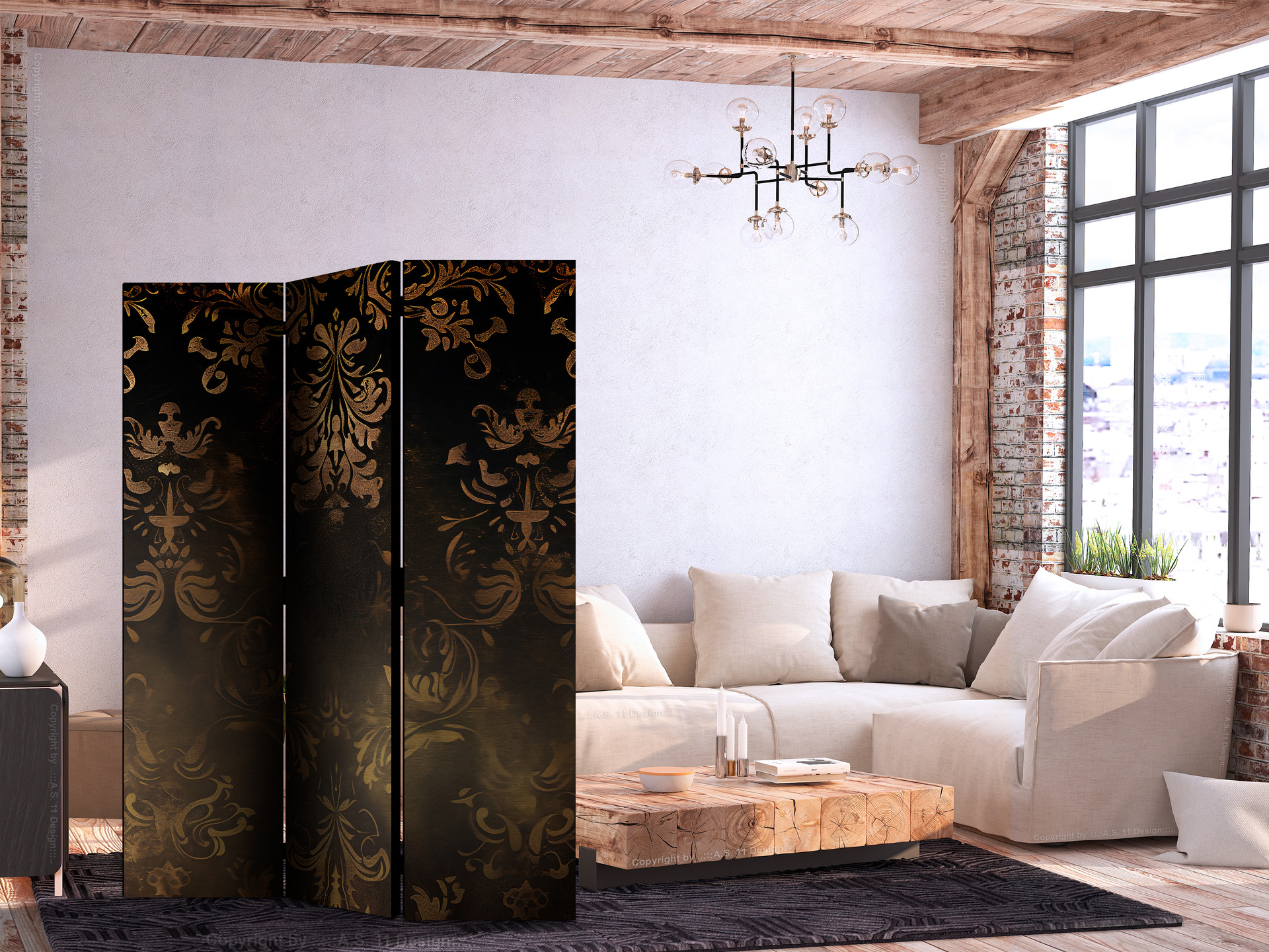 Paravent, Raumteiler freistehend, Trennwand - Baroque Ornaments in Patinated Gold and Bronze - Retro