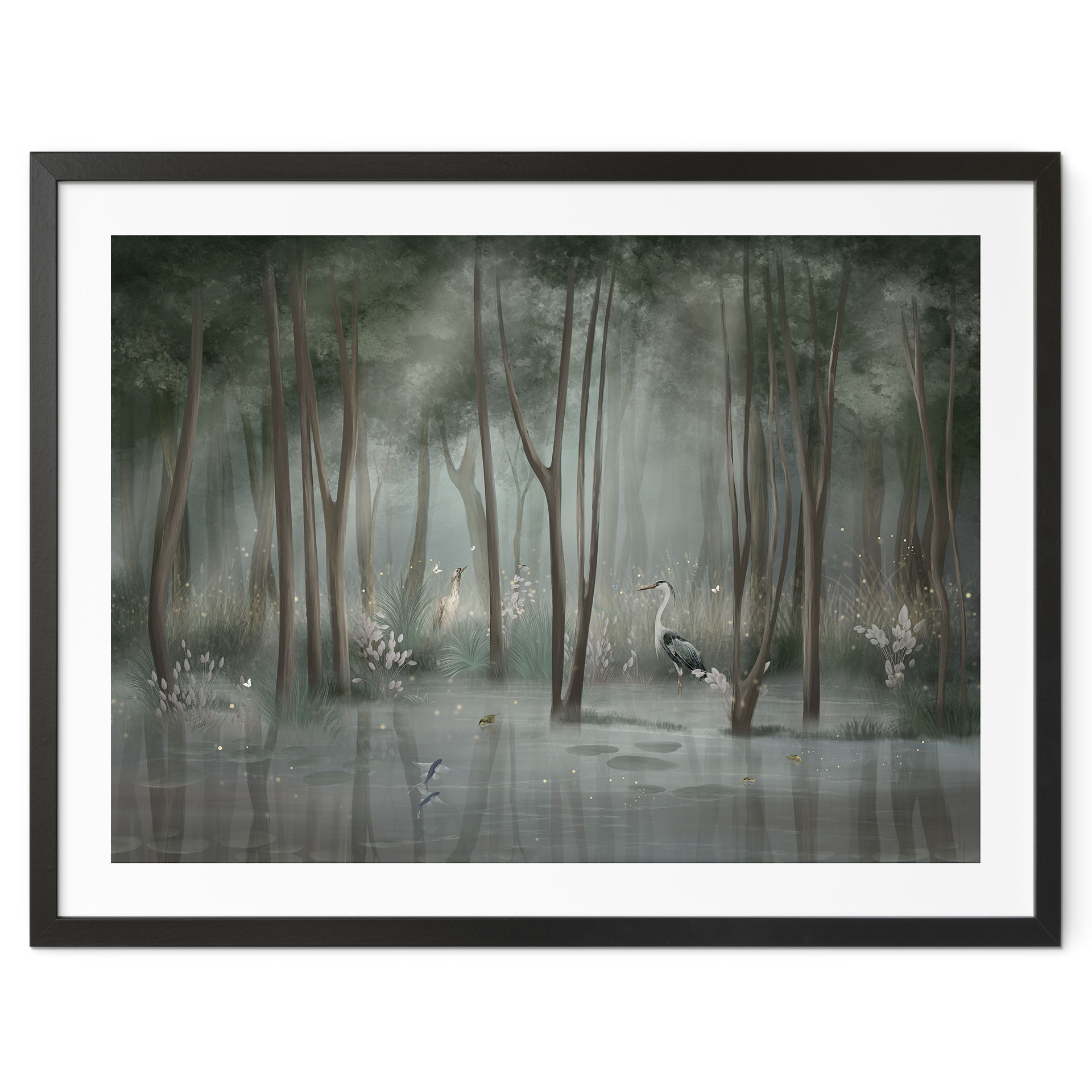 Poster nevelwoud aan het meer met reiger in het groen - Ms Tiff