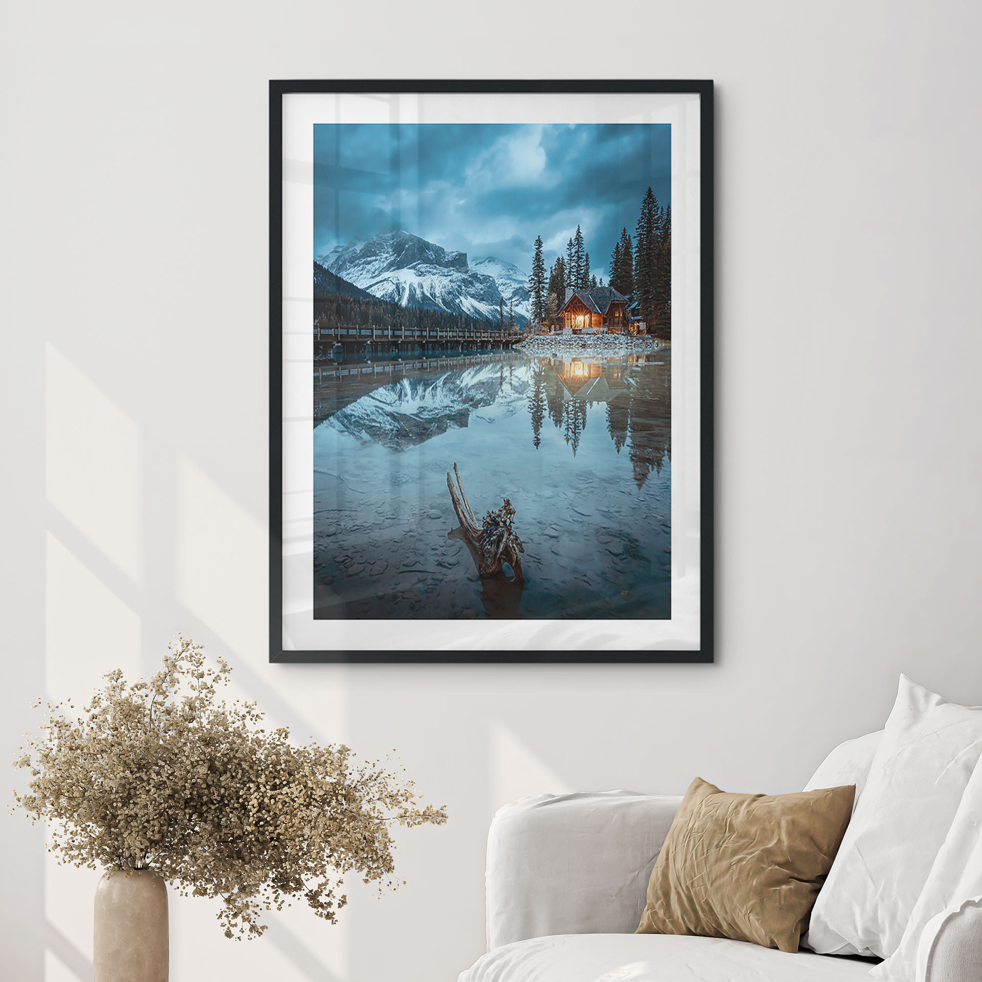 Poster Montagne idyllique au bord d'un lac le soir - Bing Li