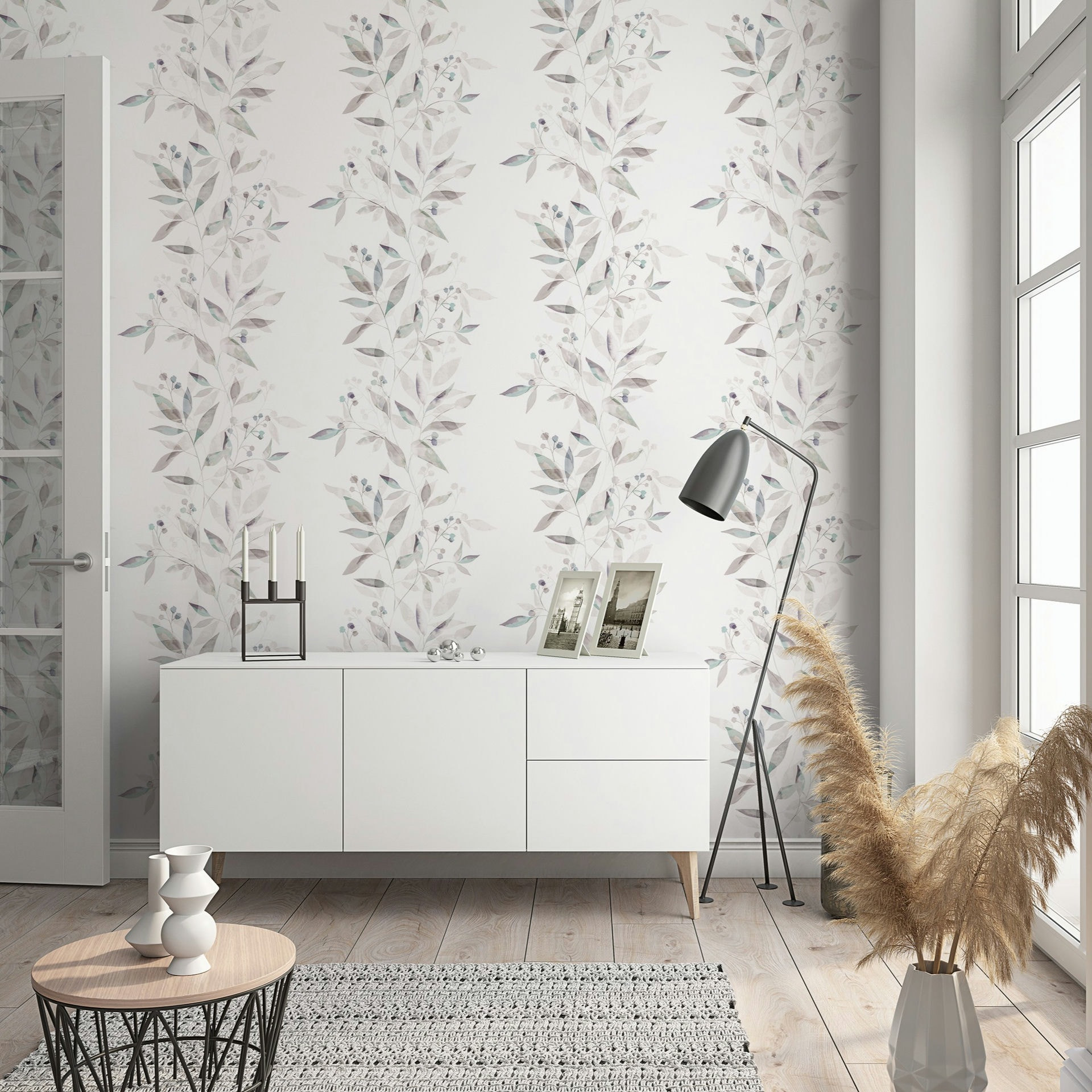 Vliesbehang bladeren bloem natuur mat in wit grijs