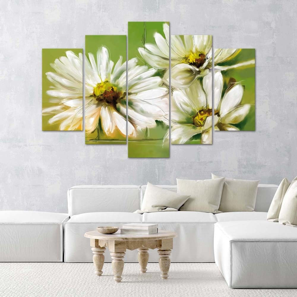 5 stykke lærredsprint, hvide tusindfryd blomster
