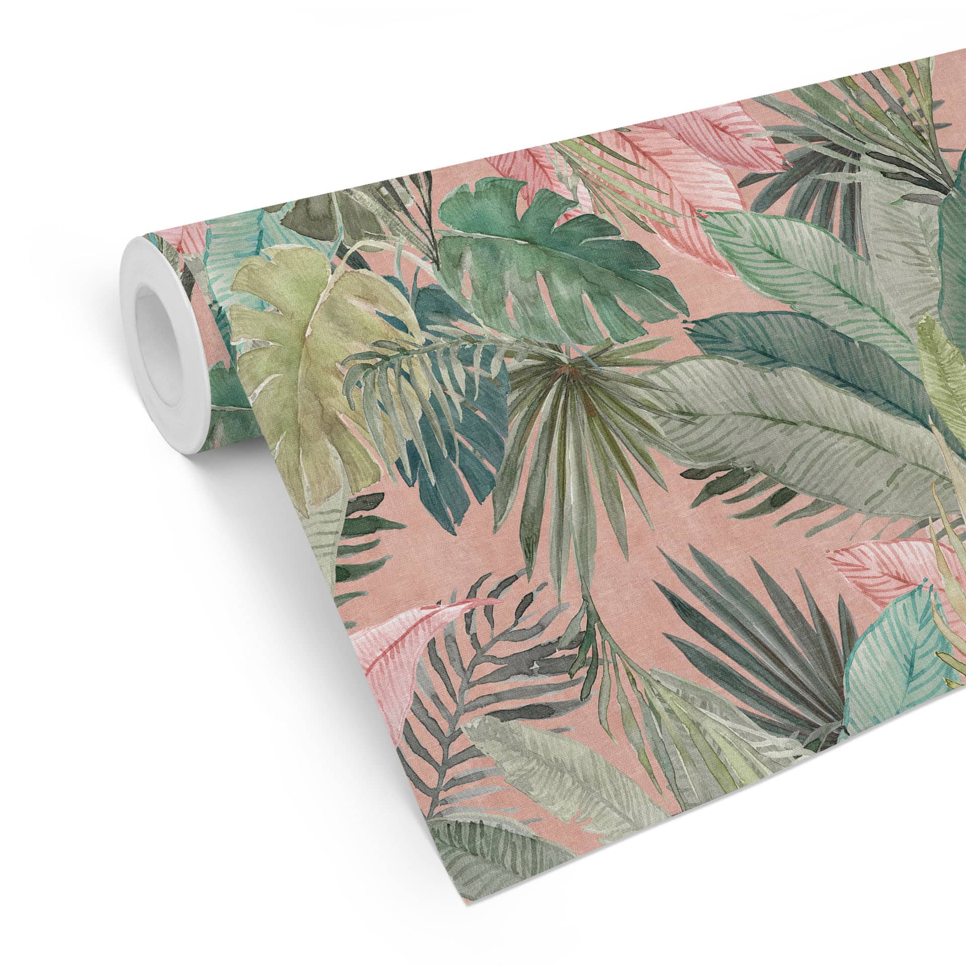Patroonbehang met bladmotief - tropische bladeren in de jungle roze - Bloomery Decor