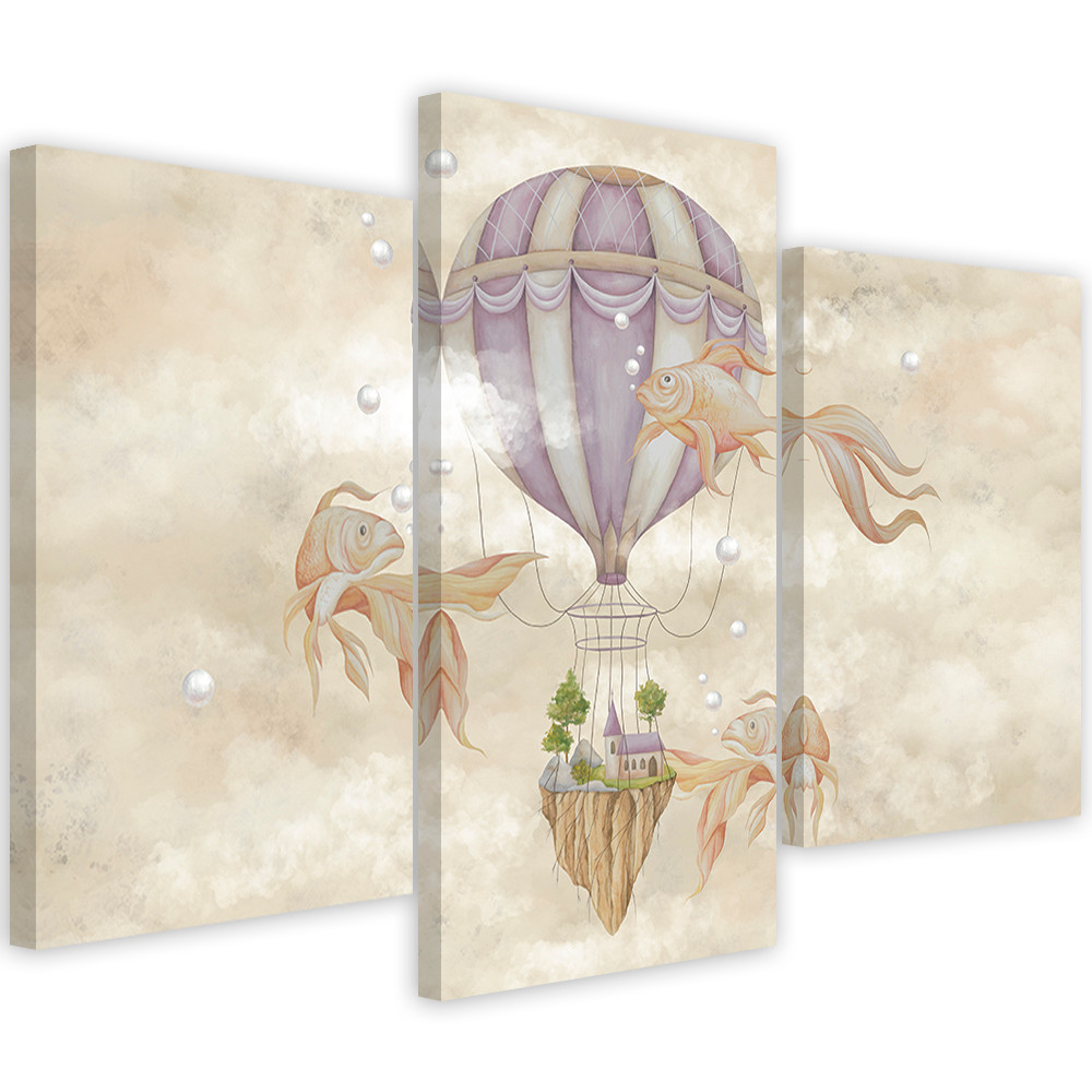 Lærred print 3 stykker, luftballon flyvehus og fisk