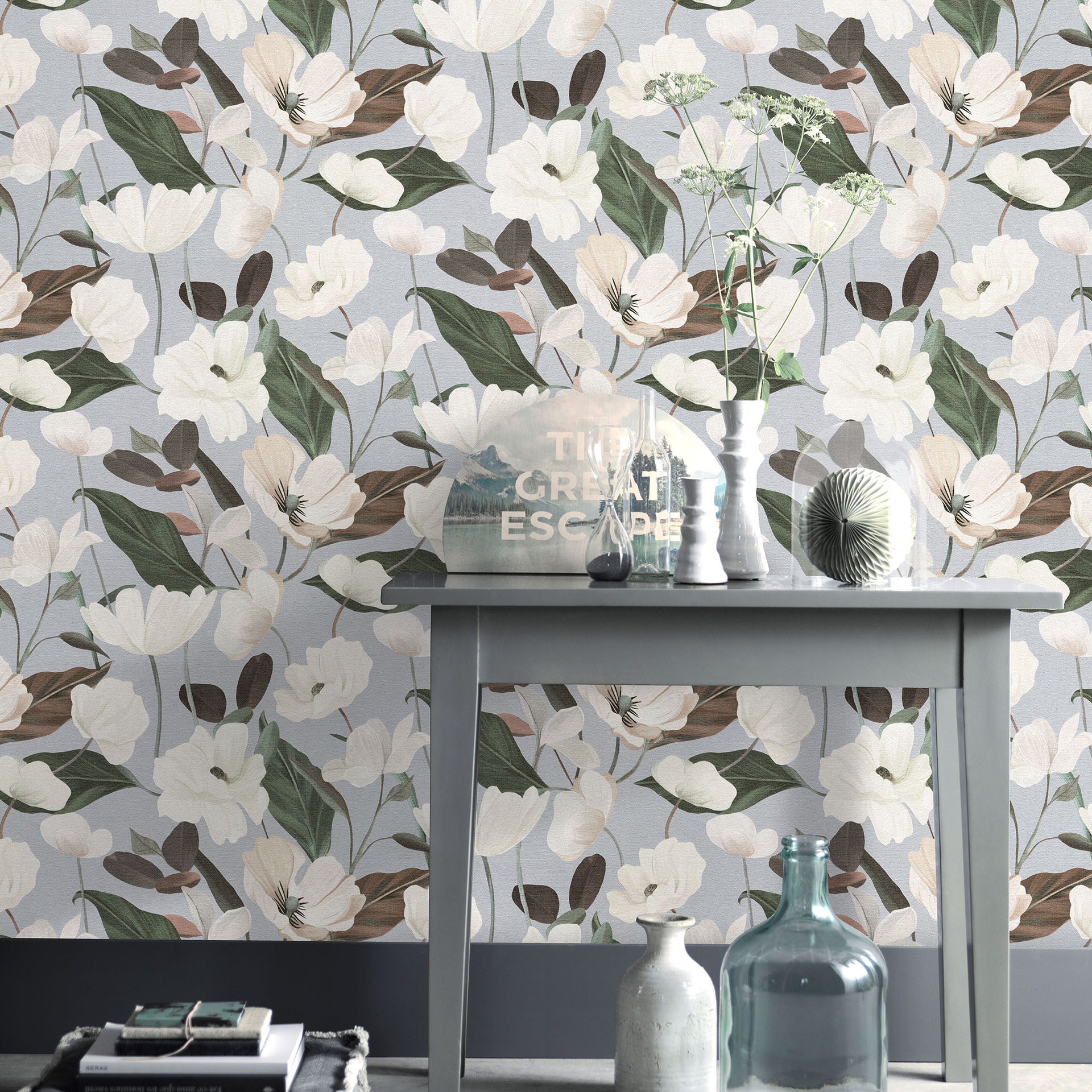 Vliesbehang, behang met bloemmotief Secret Garden grijs
