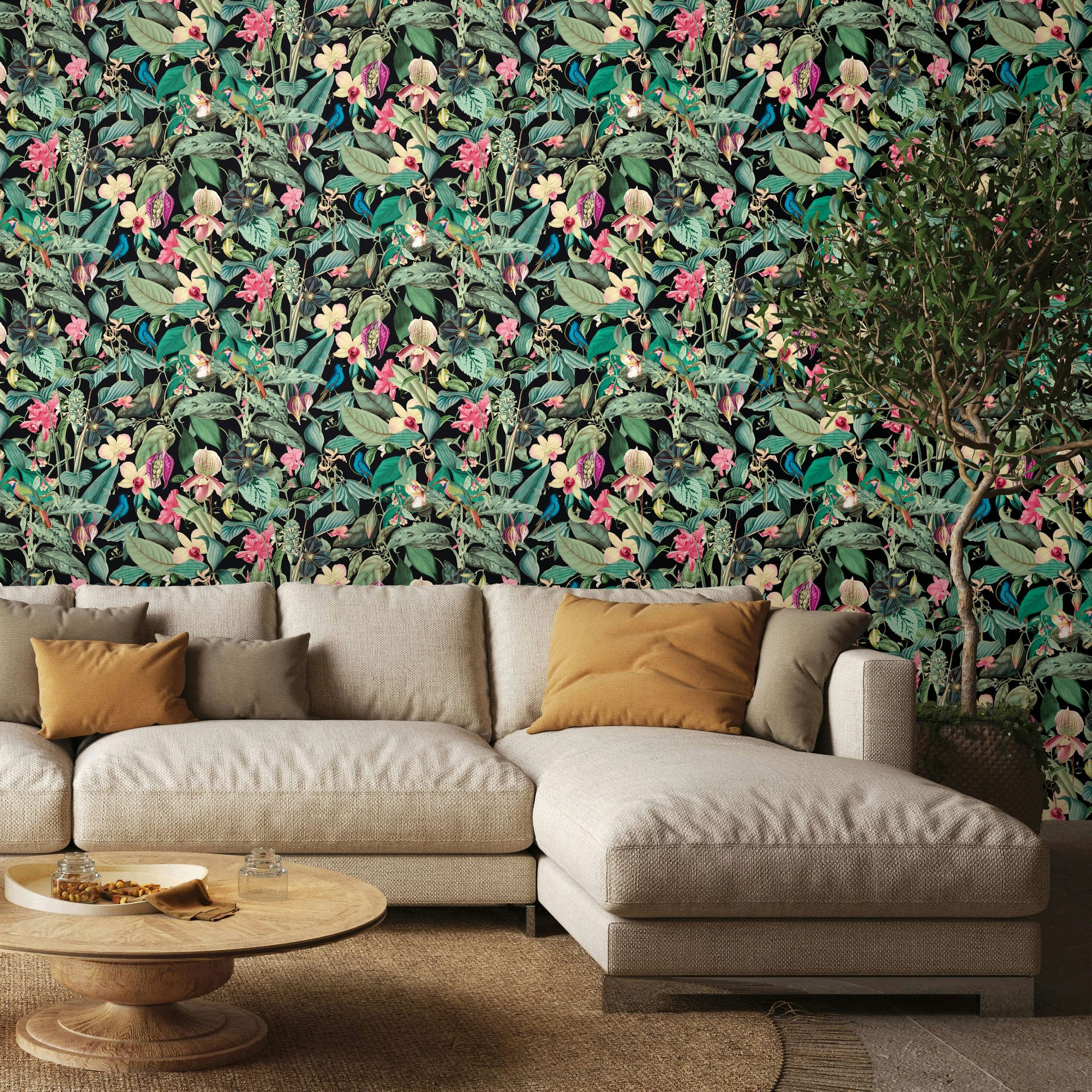 Vliesbehang in zwart, groene bladeren bloemen bloemige natuur