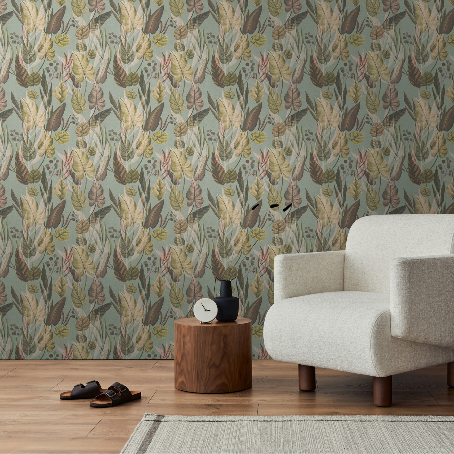 Botanisch behang groen beige - Patroonbehang met planten - Vliesbehang