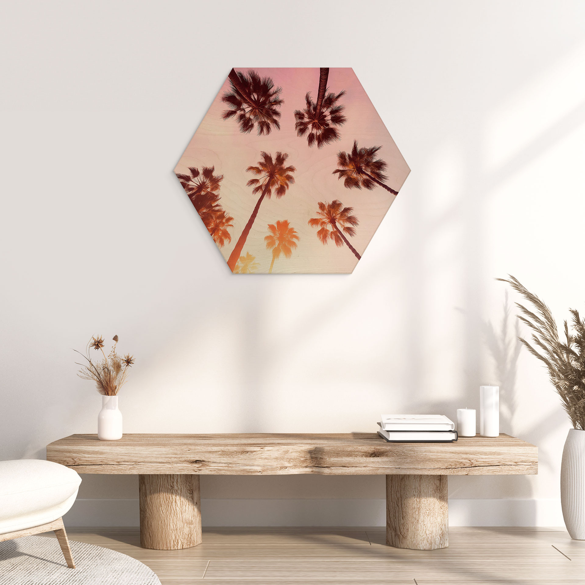 Stampa esagonale su legno California Dreaming con vista sulle palme - Hugonnard