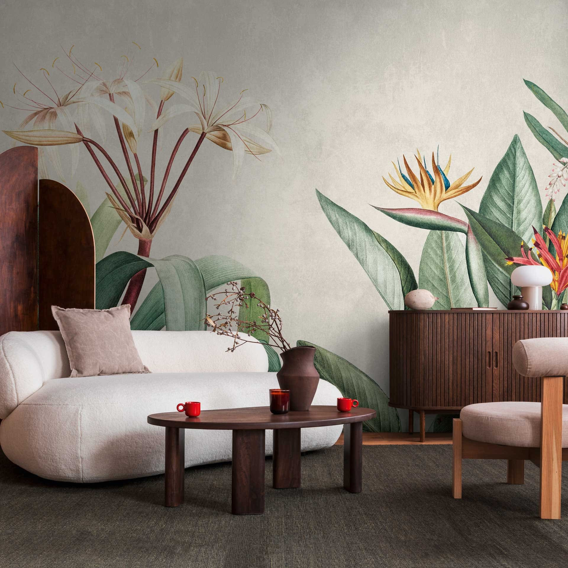 Tropische planten beige groen - vliesbehang met exotisch bloemenmotief