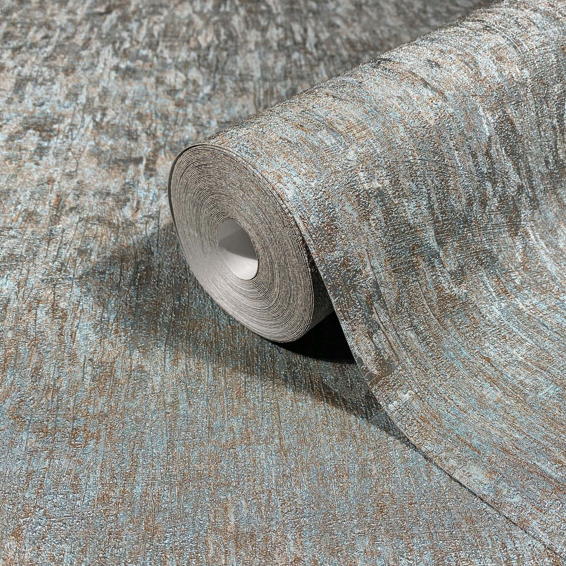 Vliesbehang in blauw, koperbetonlook effen modern