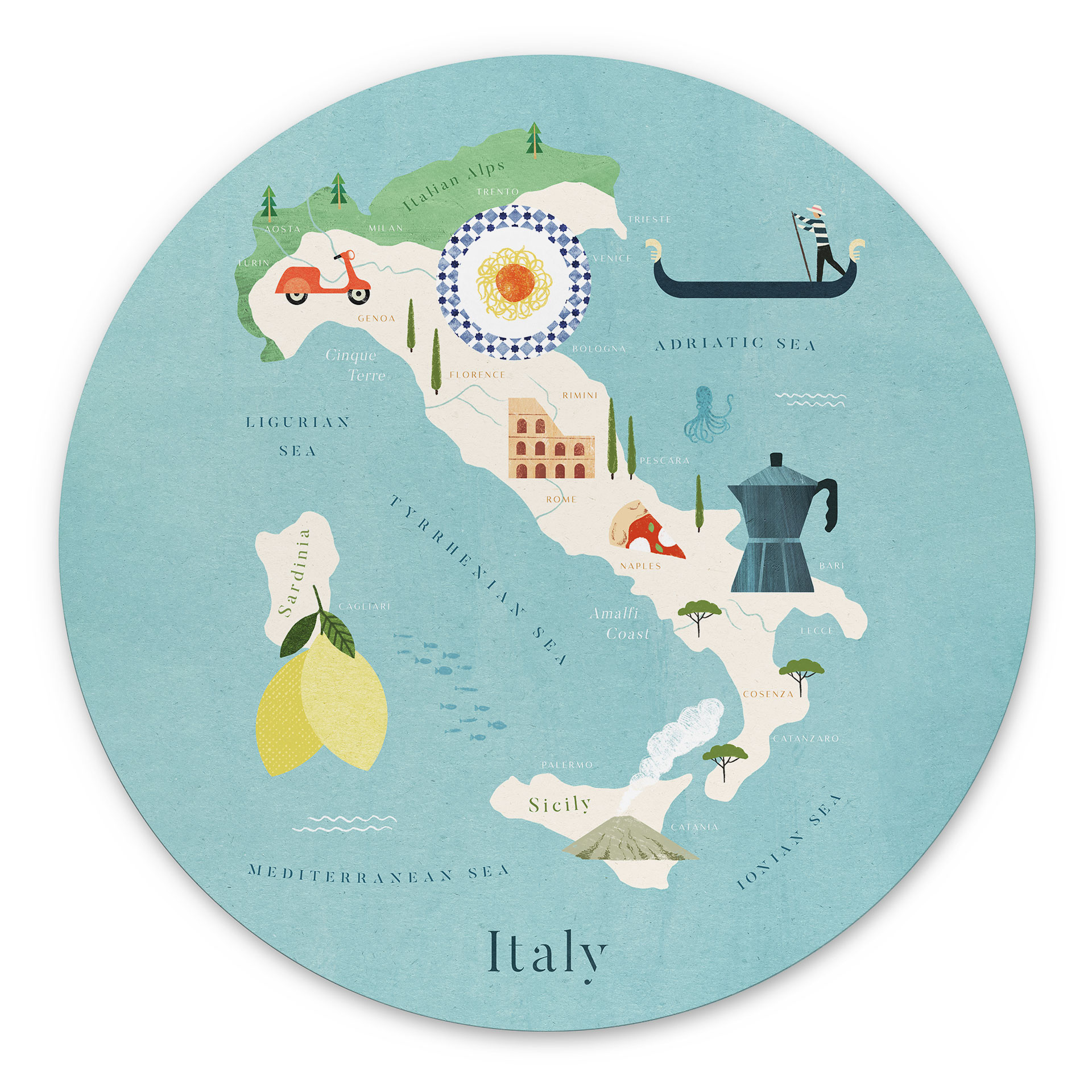 Vægcirkel Kort over Italien - Rivers – print på aluminium (Alu-Dibond)
