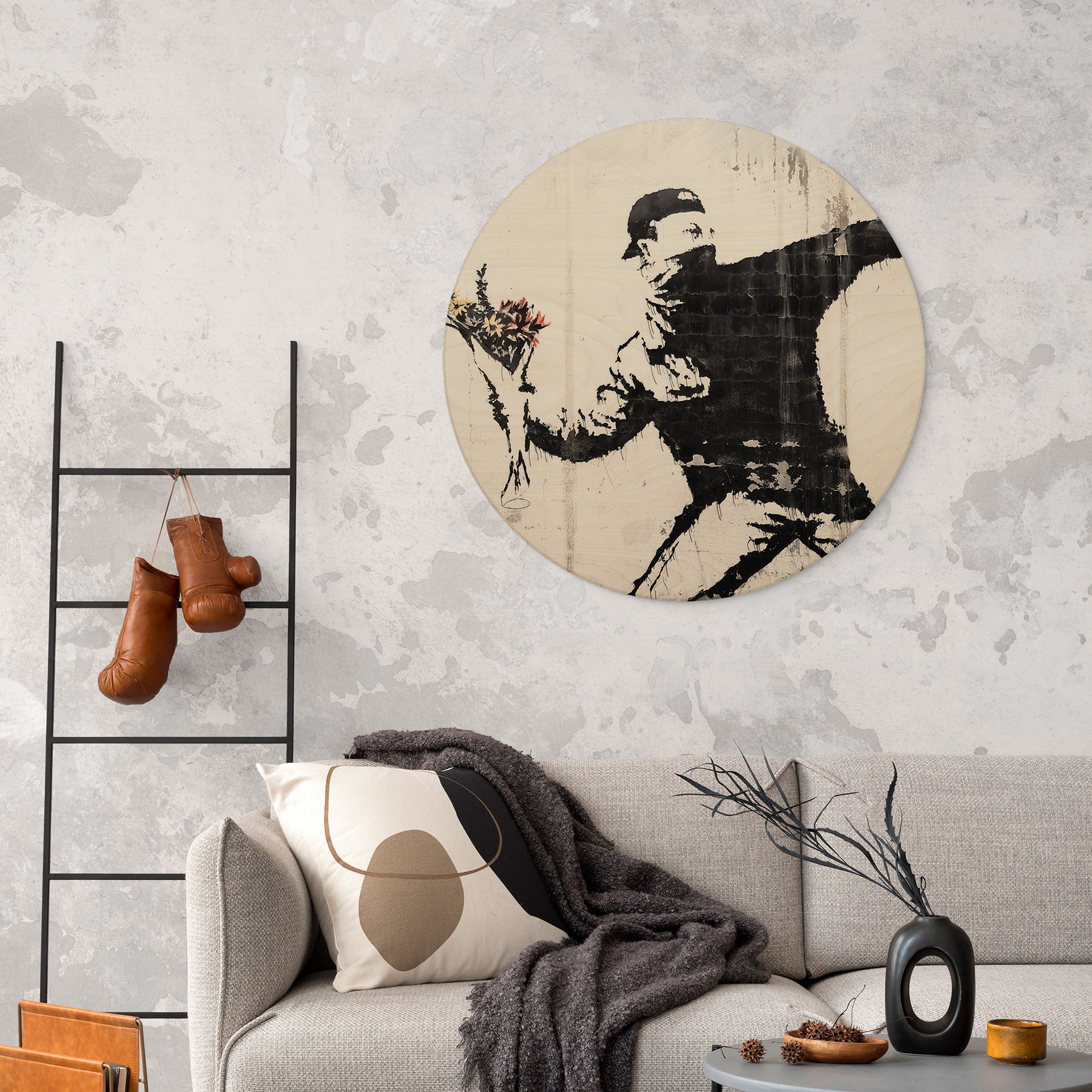 Drewniany obraz Banksy - Miotacz kwiatów - Okrągły