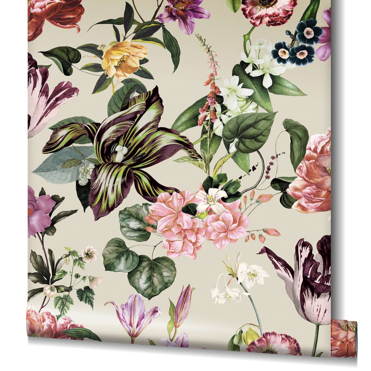 Behang, vlies bloemen behang Flora beige, roze