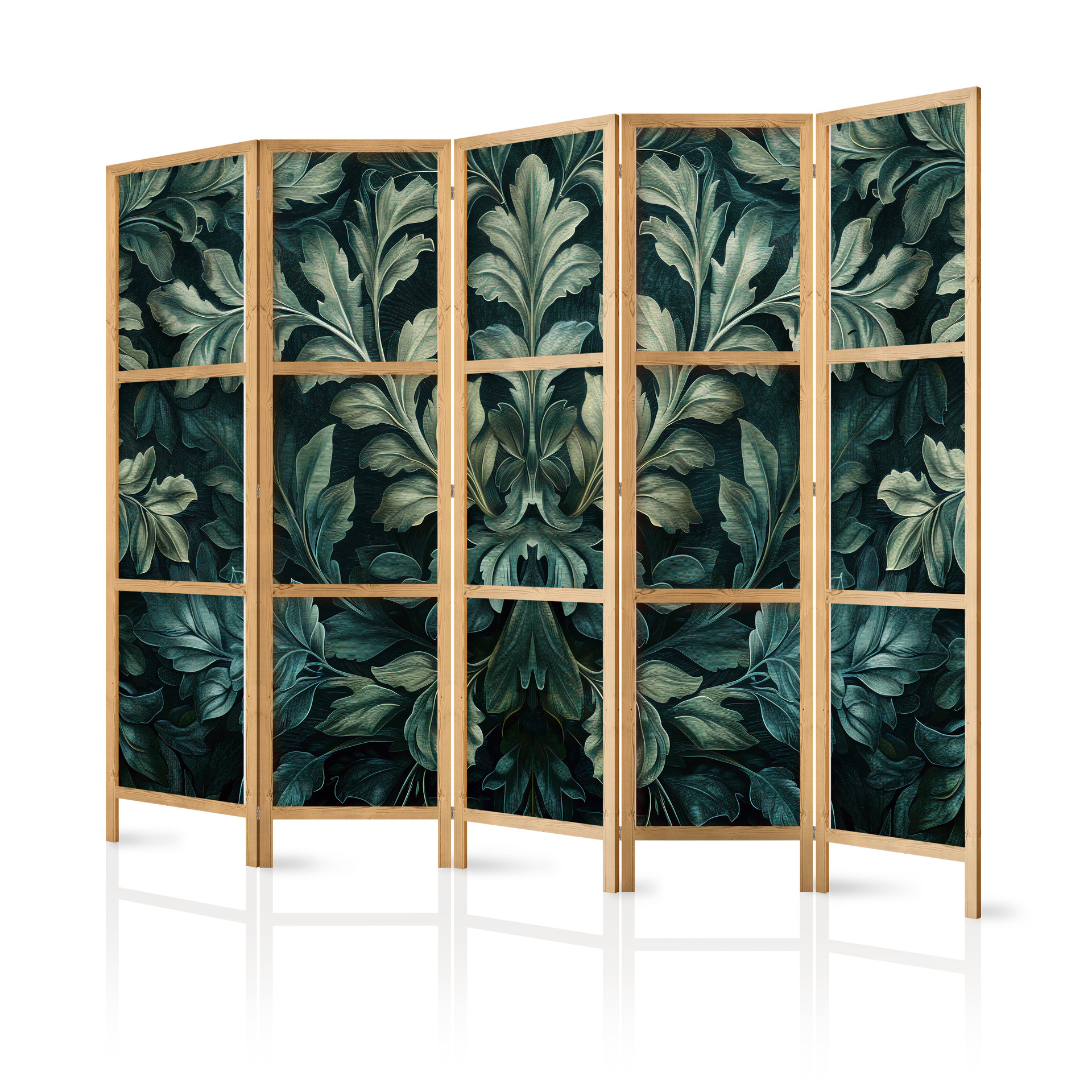 Japanischer Paravent, Raumteiler freistehend, Trennwand - Dark Green Victorian Leaves: Botanical Car