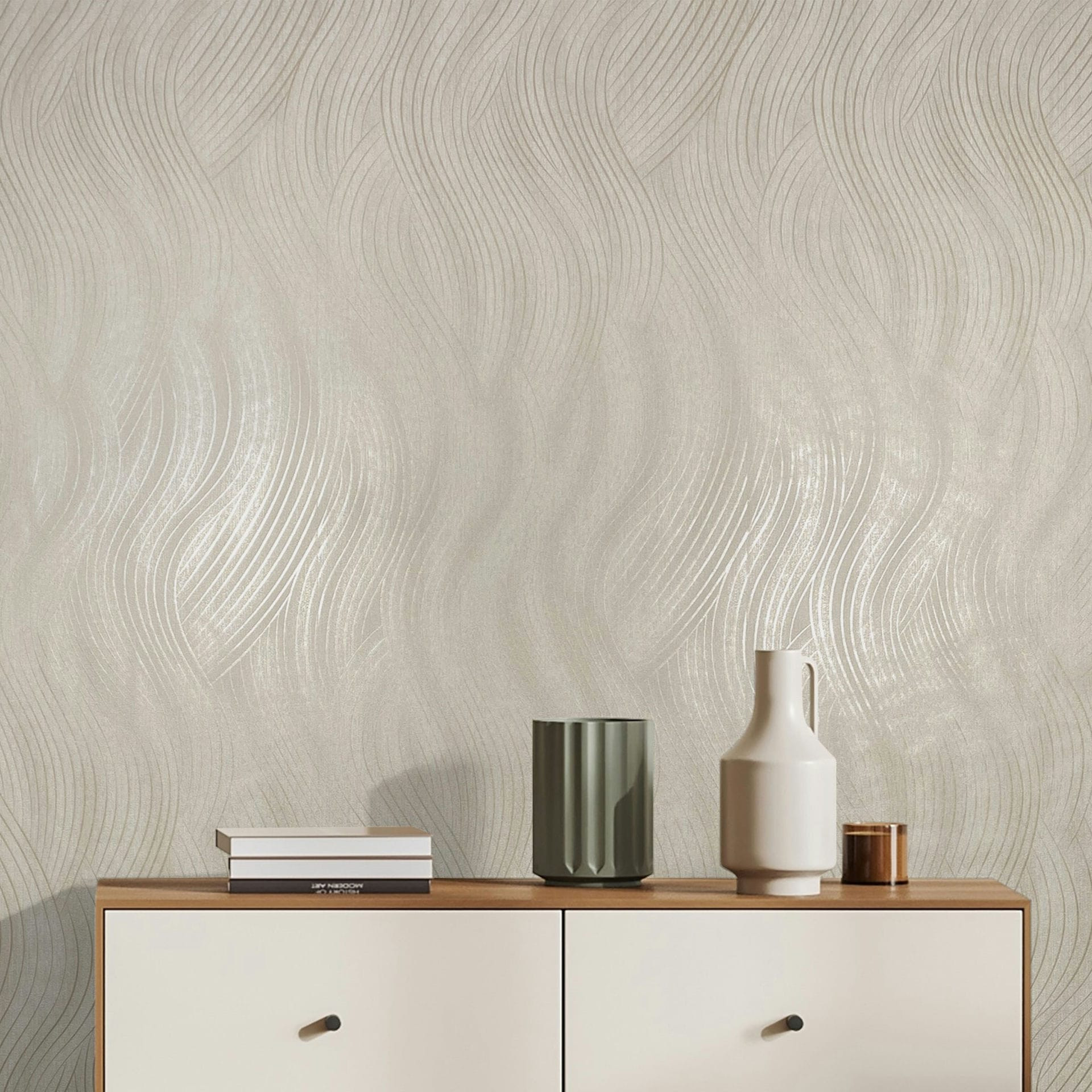 Vliesbehang in beige, grijs wave look textuur grafisch modern