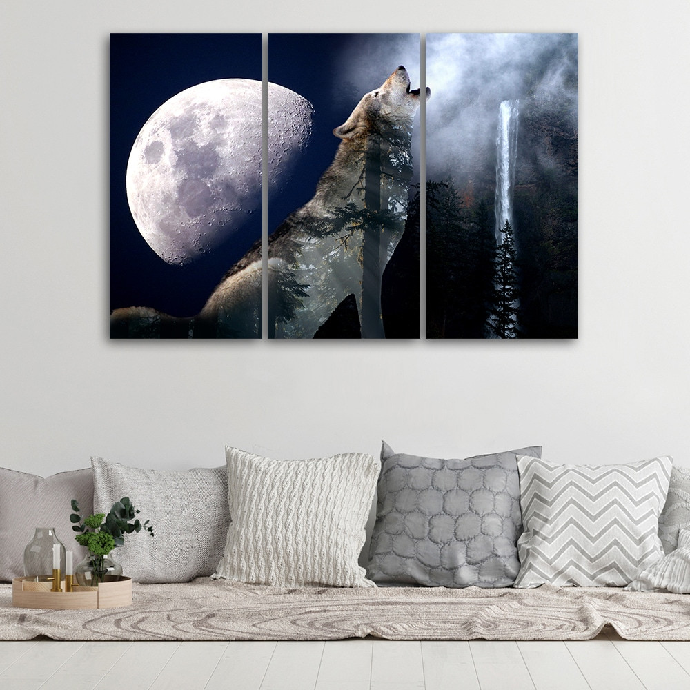 3 stykke lærredsprint, Wolf Nature Moon Fog
