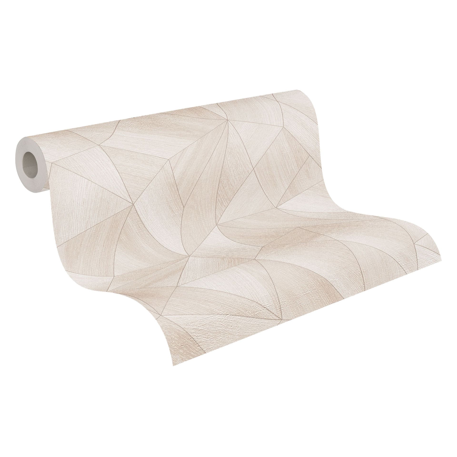 Geometrisch behang houtlook beige crème - Vliesbehang met textuur