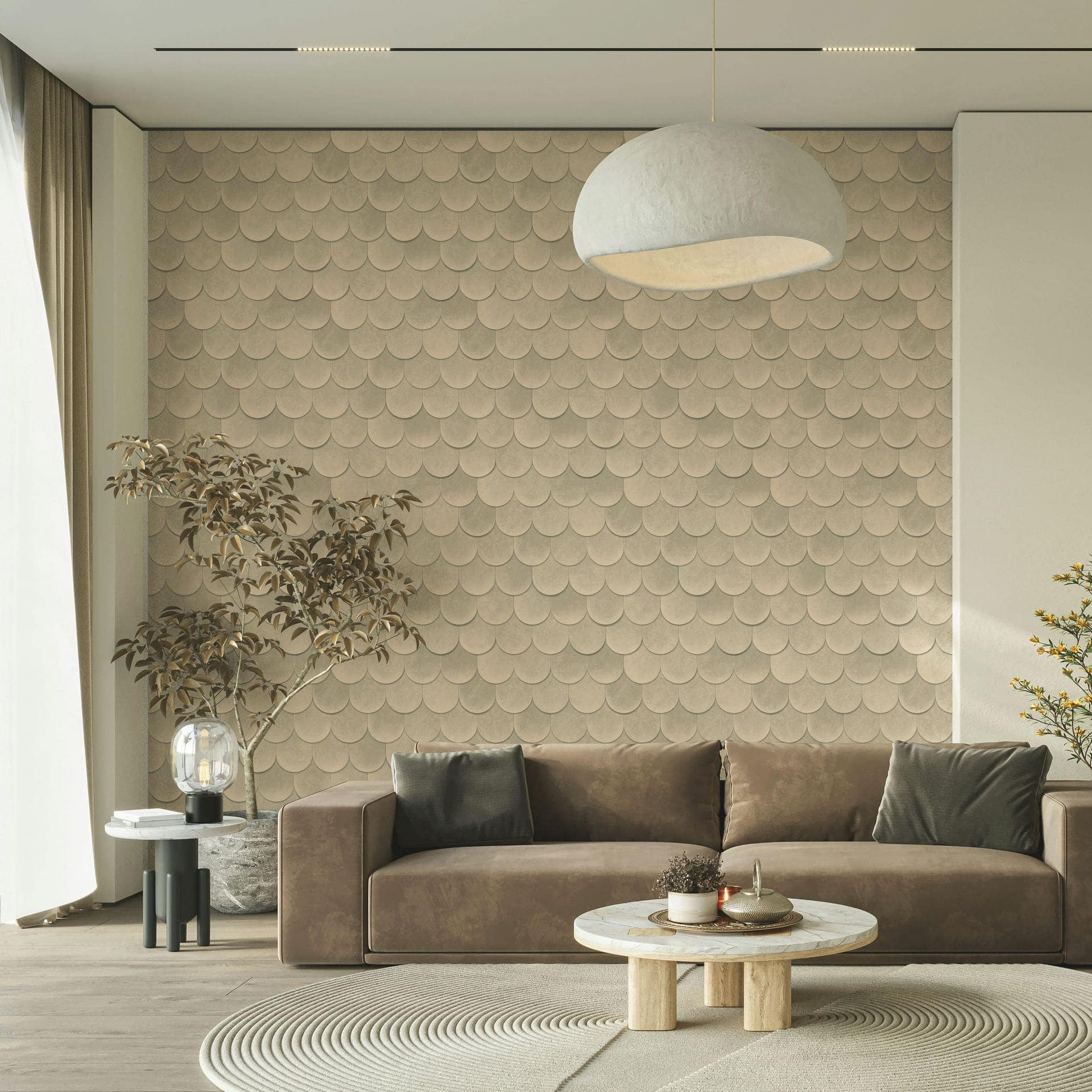 Vliesbehang in beigebruin 3D-look schalen vintage used look geometrisch