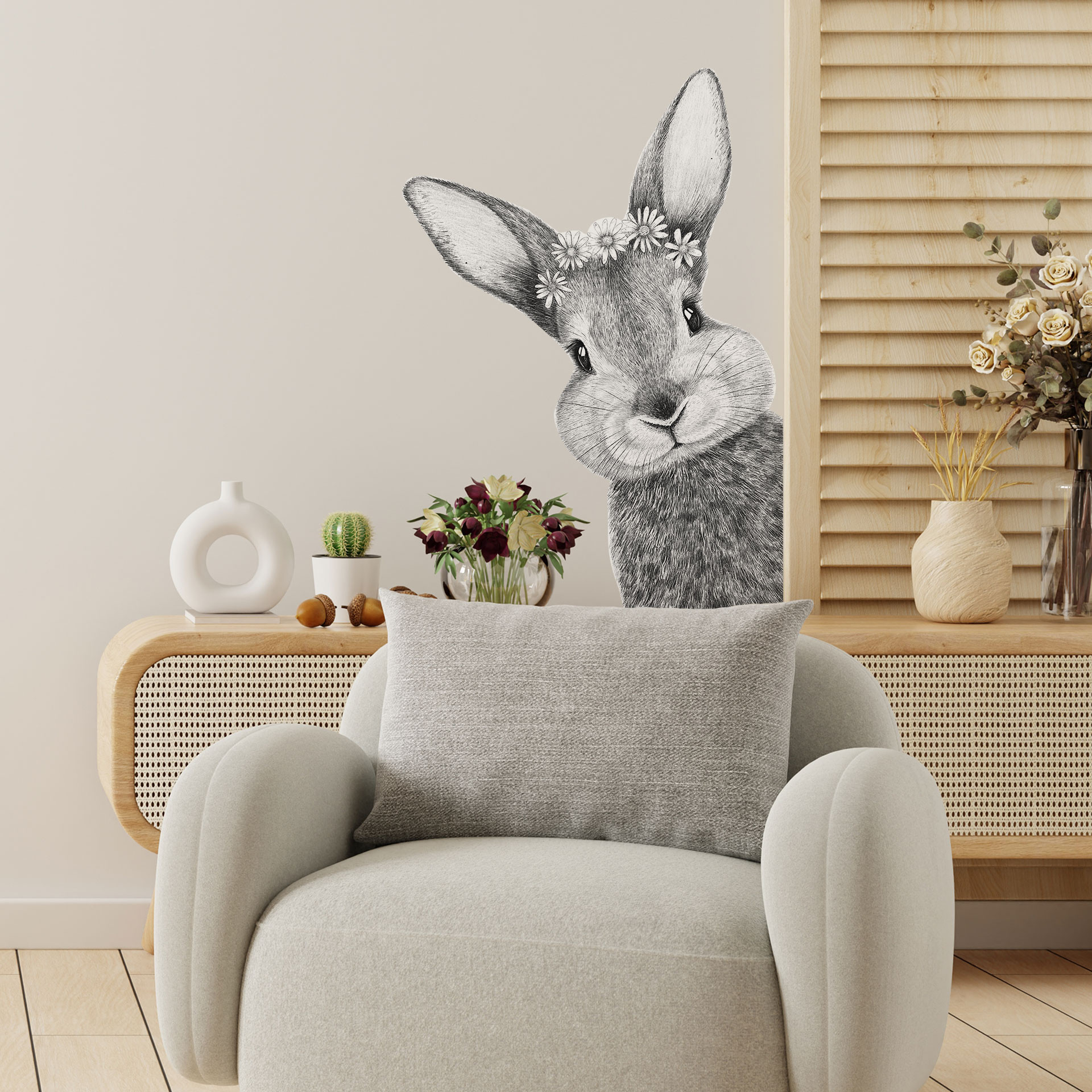 Wandtattoo Niedlicher Hase mit Kamillenblüten - Korenkova