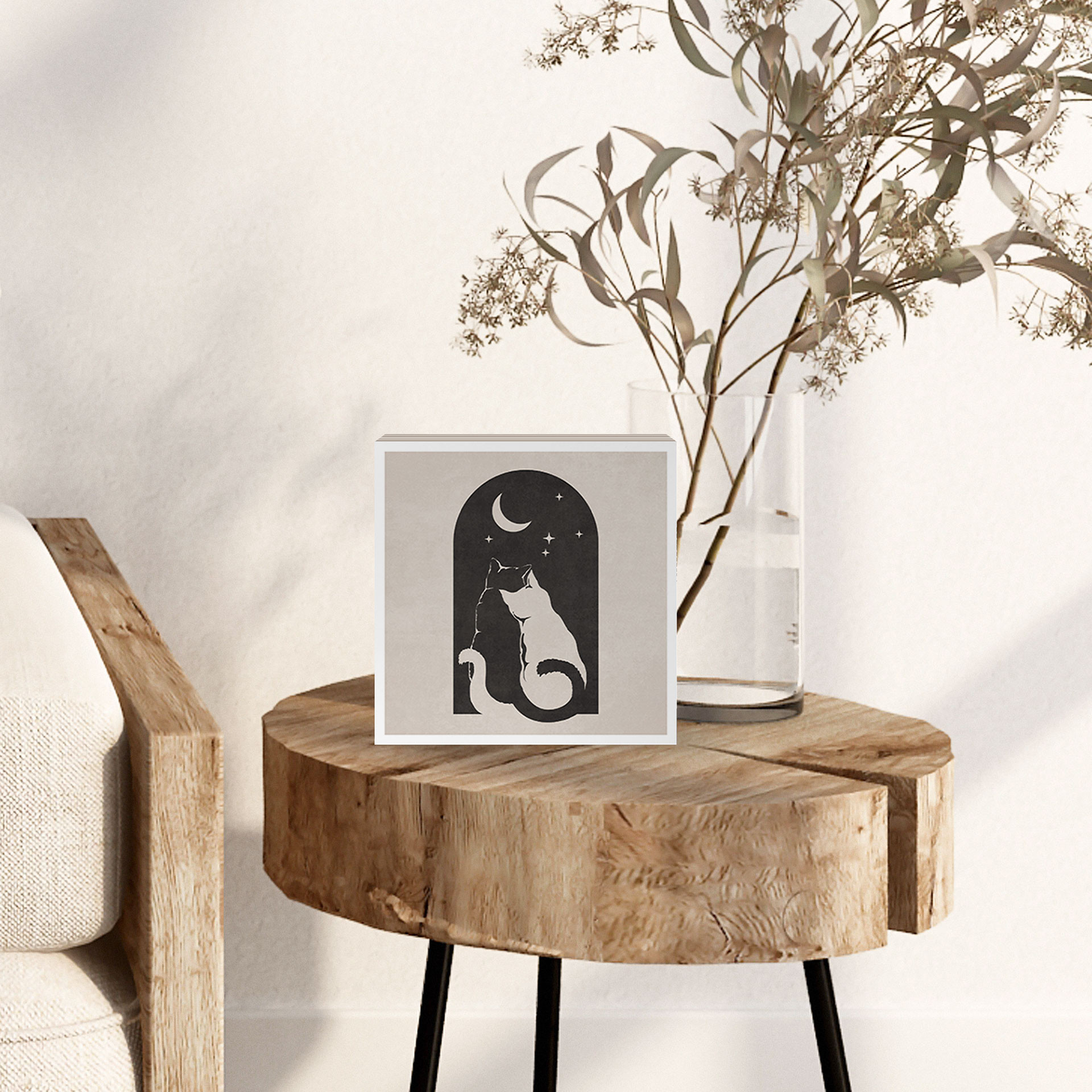 Billede af træ til at sætte op - To katte i måneskinnet - 15x15 cm