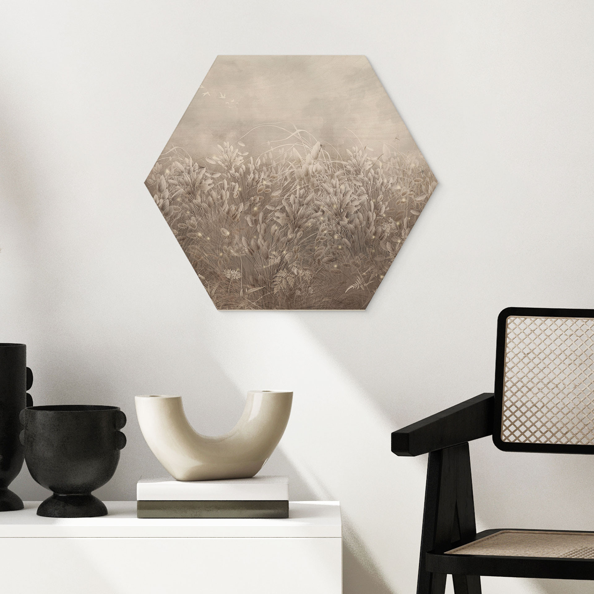 Houten Wanddecoratie zeshoekig pampagras en grassen in beige - Ms Tiff
