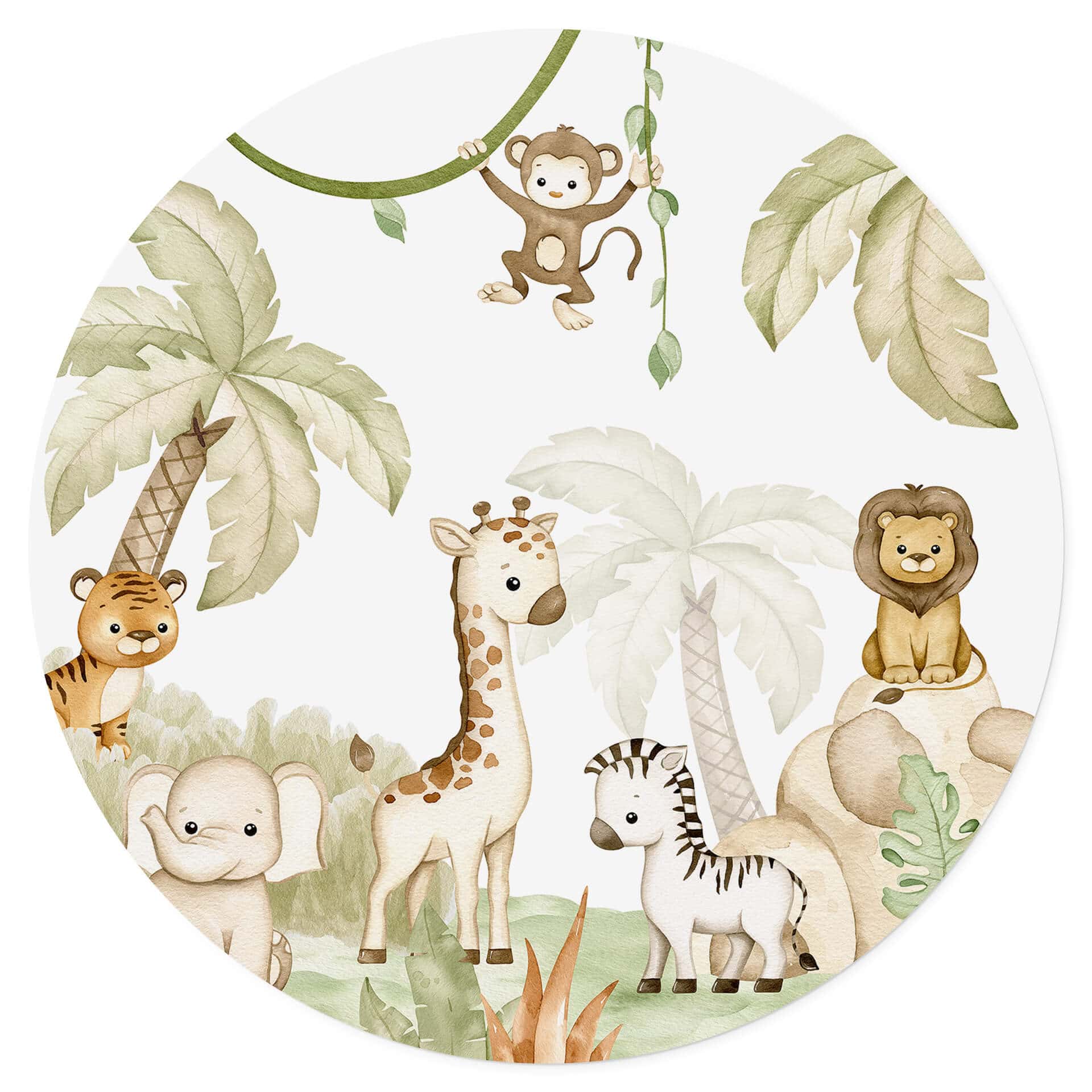 Wandtattoo Babyzimmer - Oliver Robins - Niedliche Tiere unter Palmen - Rund