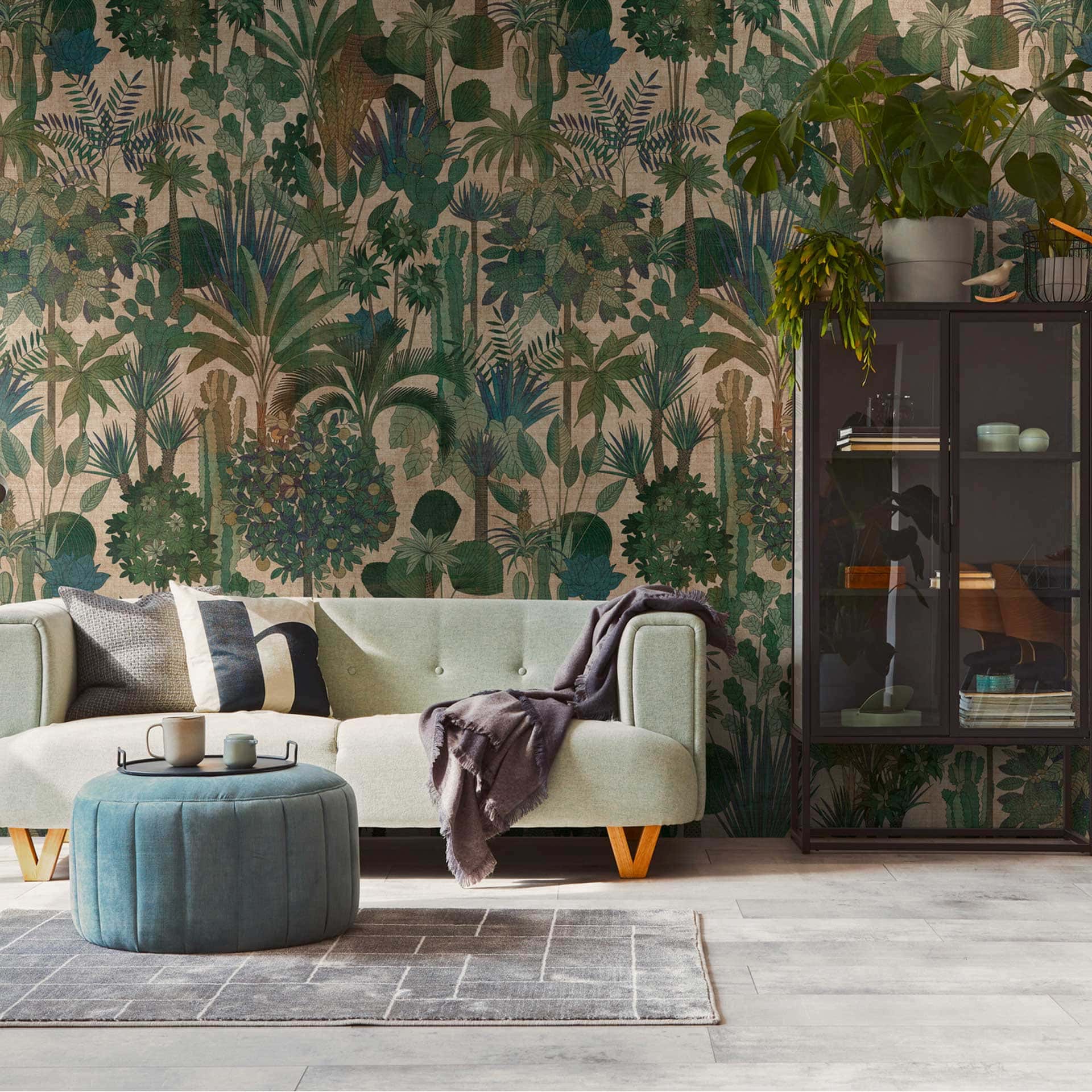 Jungle groen beige - vliesbehang met plantenmotief - Exotisch design