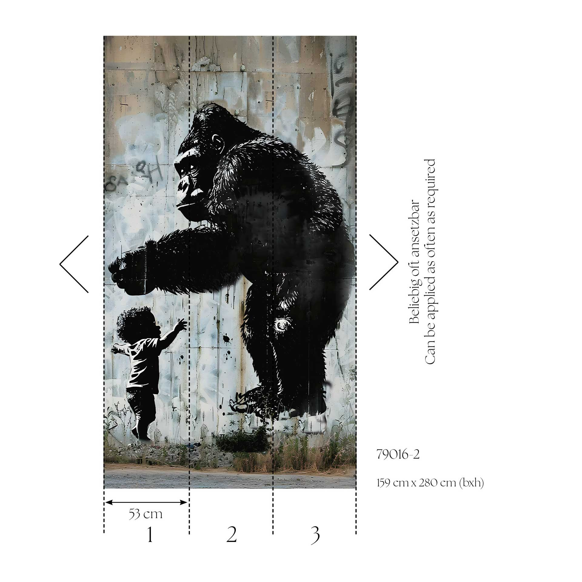 Urban art gorilla kind behang - street art in grijs zwart - Vliesbehang, uittrekbaar