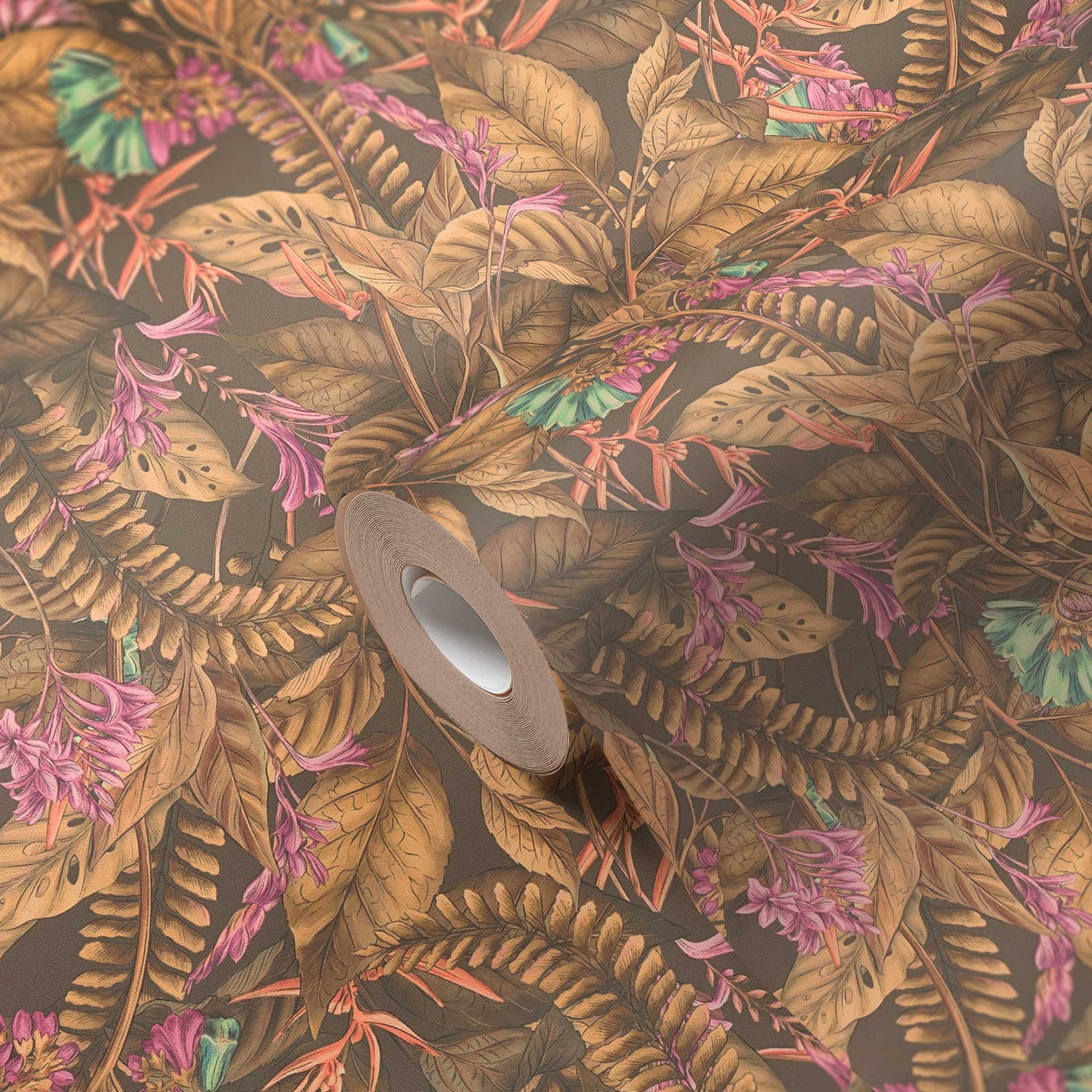 behang met jungle motief bruin beige - vliesbehang met bloesems in blauw paars
