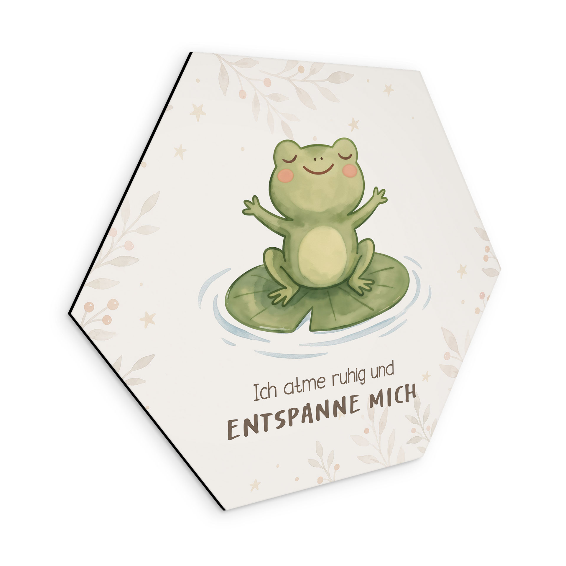 Alu-Dibond Hexagon mit Frosch - positiver Spruch 'Ich atme ruhig'