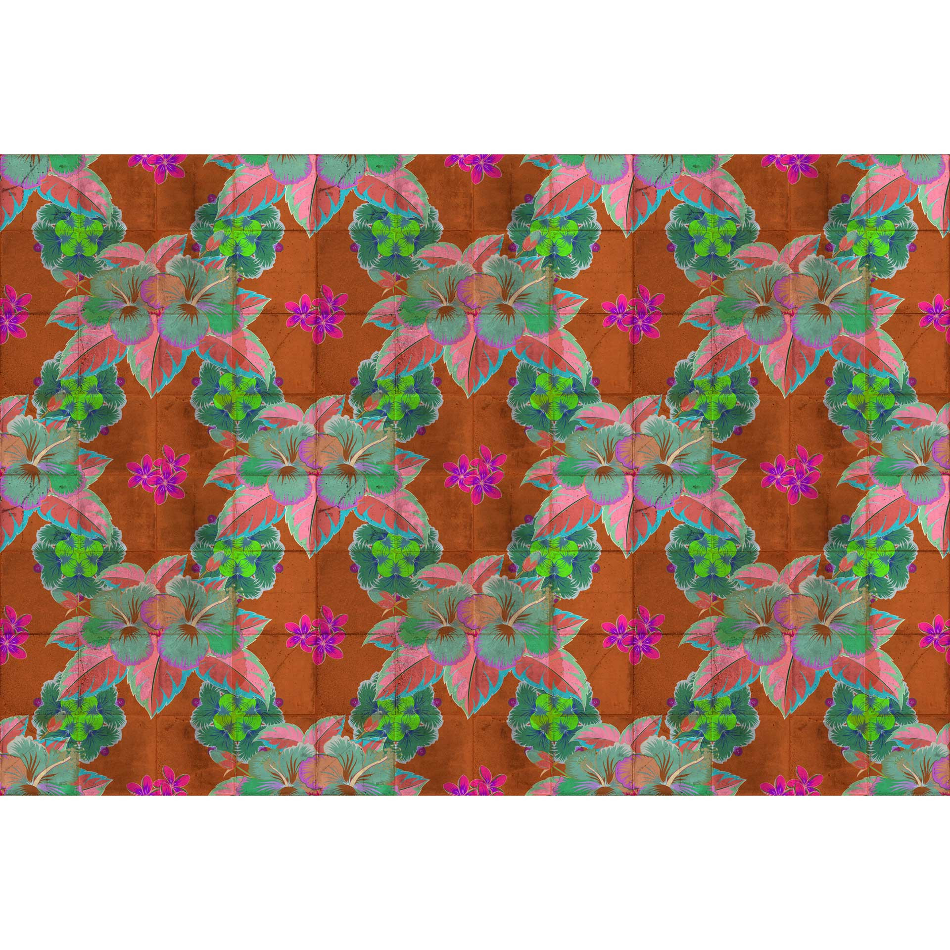 Tropisch bloemen behang - turquoise & roze op terracotta - vlies