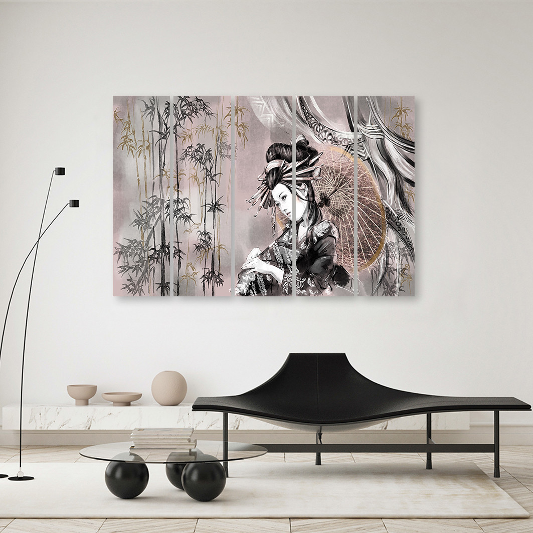 Lærred print 5 dele, geisha og bambus