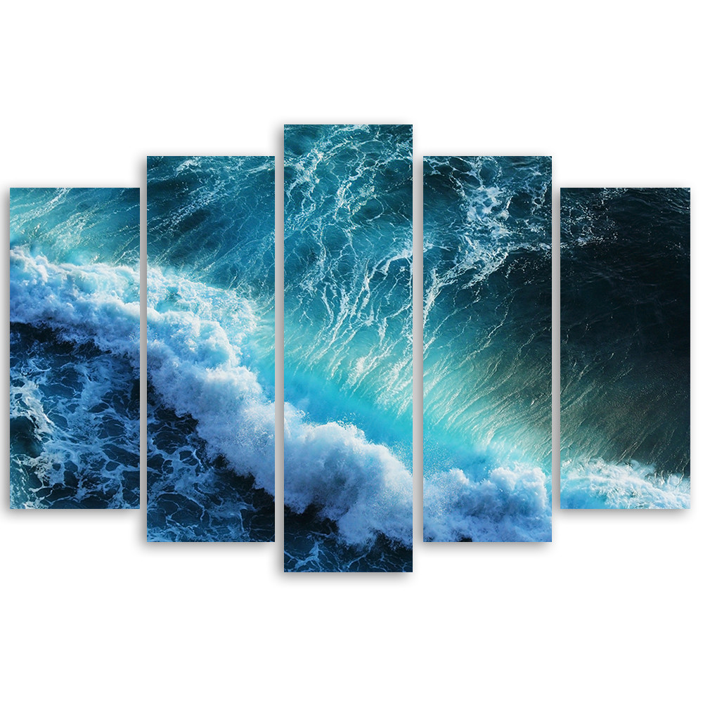 5 stykke lærredstryk Waves Sea Ocean Blue