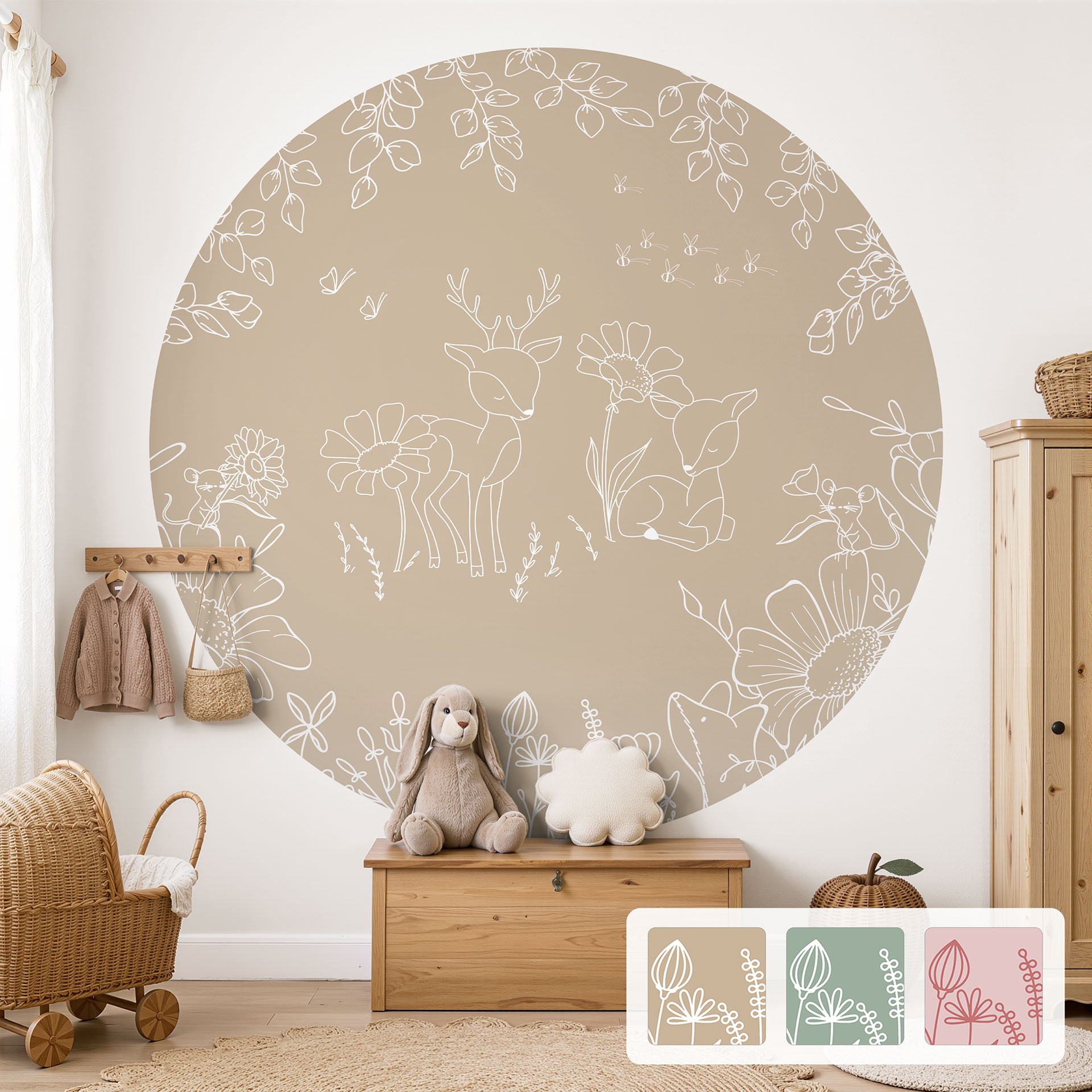Fotobehang Cirkel voor de Kinderkamer Twee Reeën in de Bloemenweide - Oliver Robins - Rond