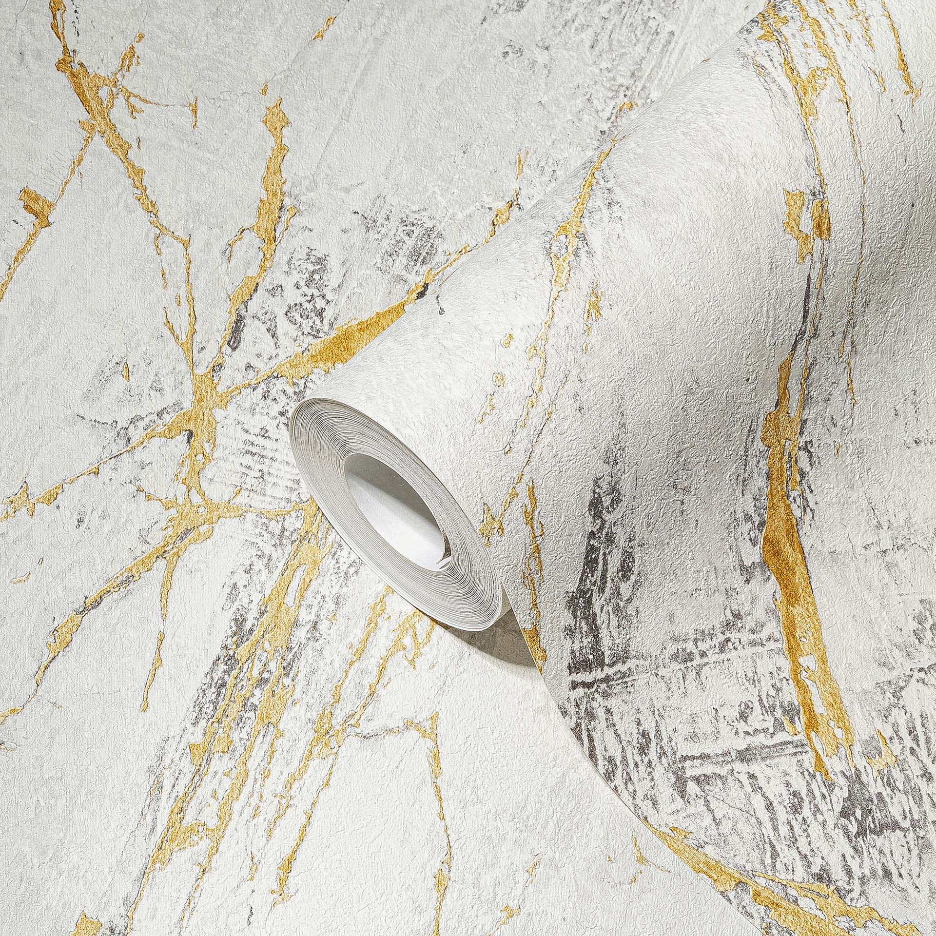 A.S. Création Vliesbehang The BOS - Battle of Style - Marmerlook Wit, Grijs, Goud, Metallic