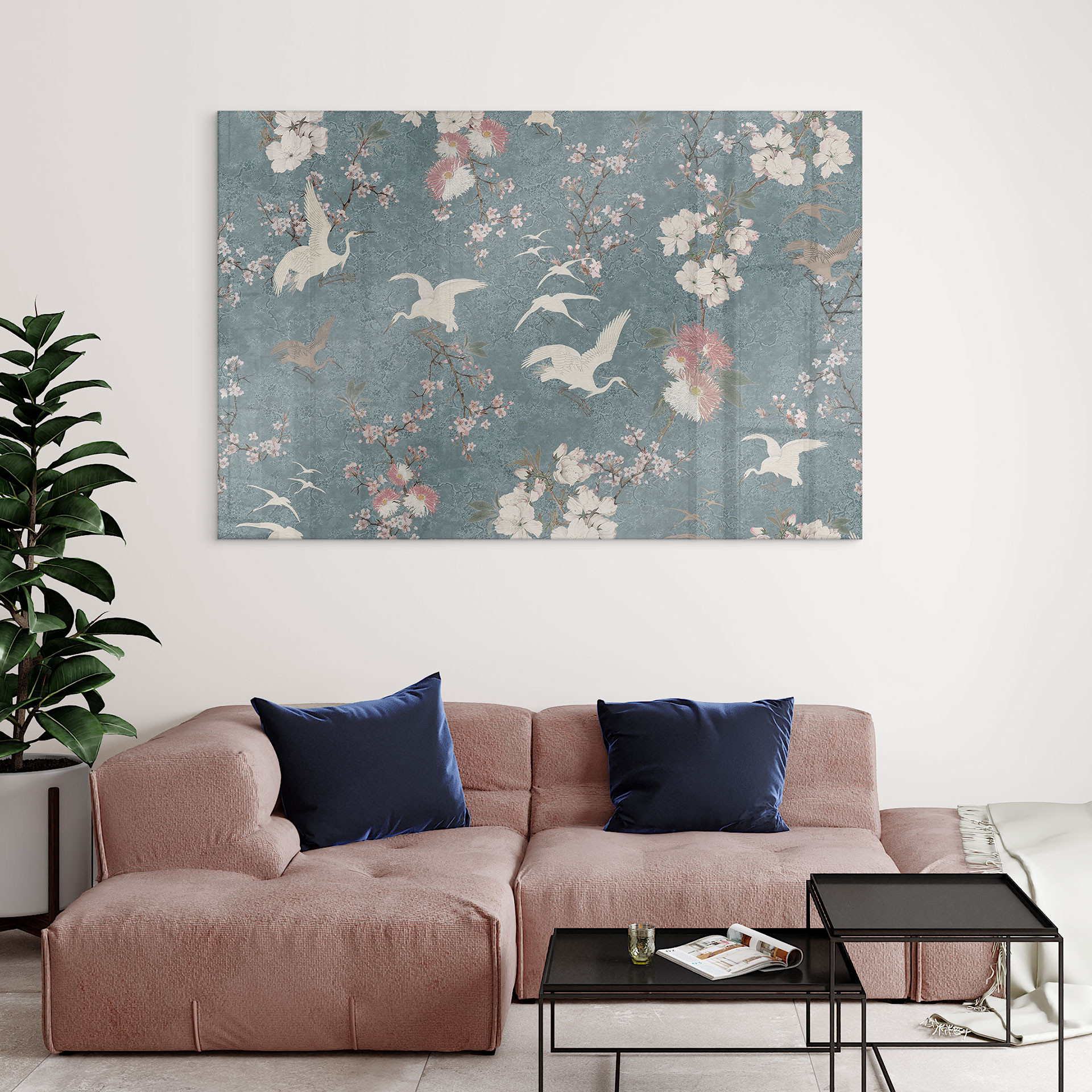 Akrylbillede Kraner i kirsebærblomst Rush Blue - Bloomery Decor