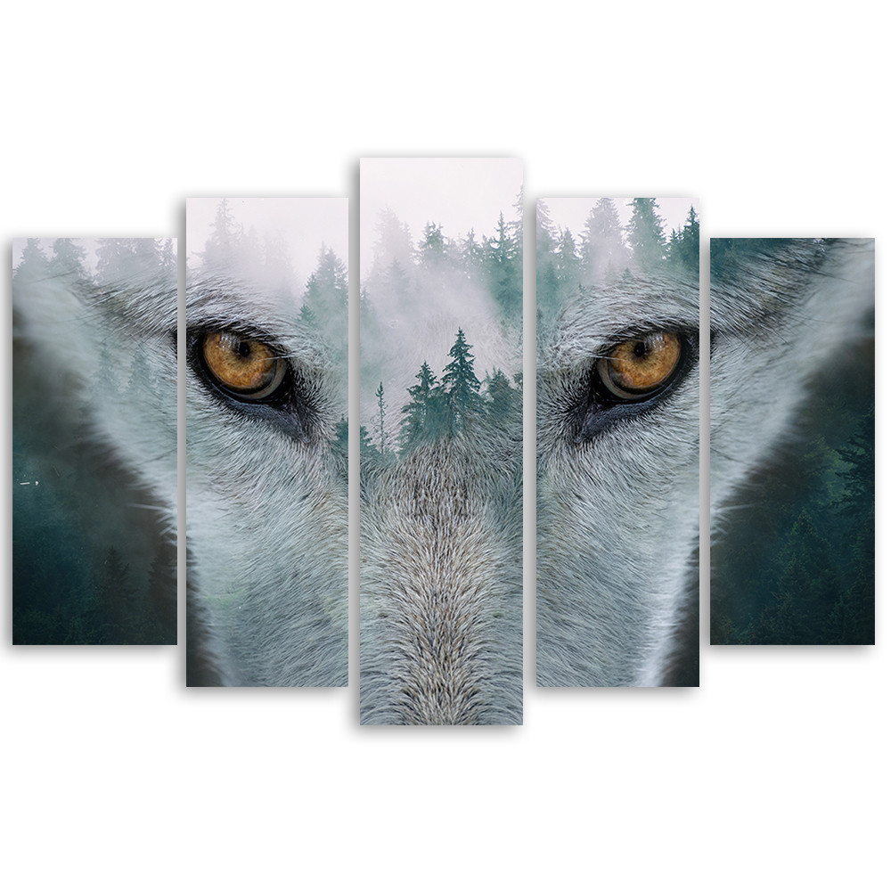 5 stykke lærredstryk, Wolf Forest Fog Nature Træer