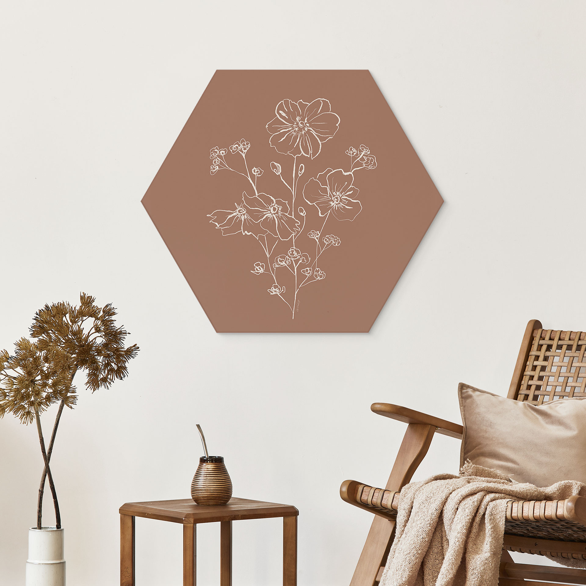Sekskantet billede vild rose buket mokka mousse - anis illustration - aluminium dibond
